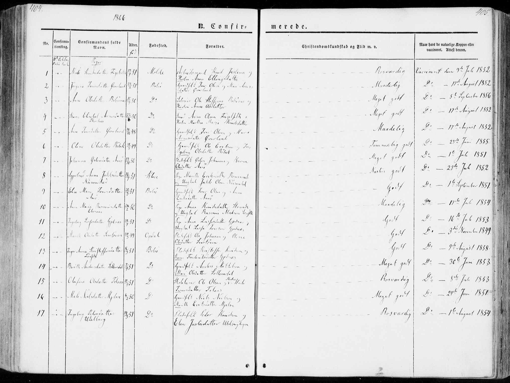 Ministerialprotokoller, klokkerbøker og fødselsregistre - Møre og Romsdal, AV/SAT-A-1454/555/L0653: Parish register (official) no. 555A04, 1843-1869, p. 404-405