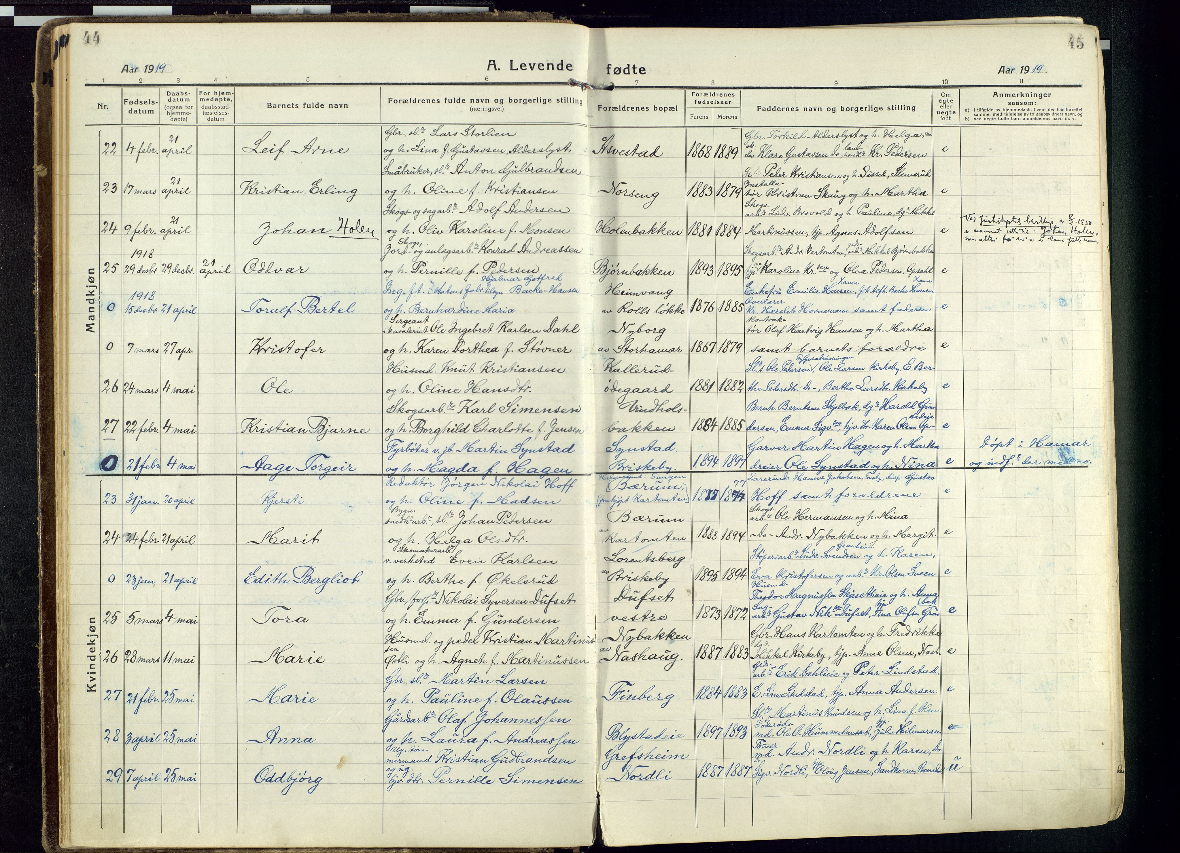Vang prestekontor, Hedmark, AV/SAH-PREST-008/H/Ha/Haa/L0022: Parish register (official) no. 22, 1918-1944, p. 44-45