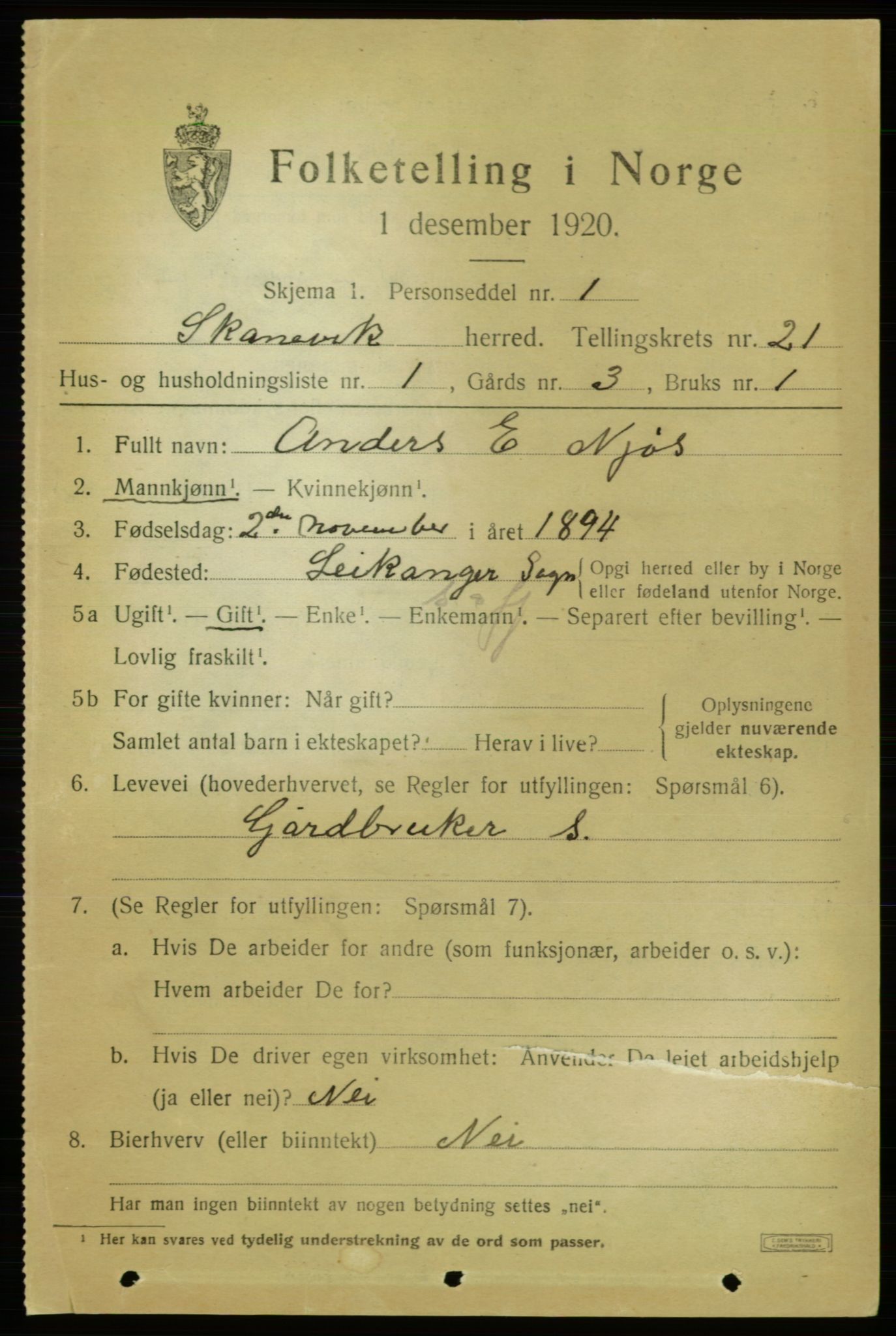 SAB, 1920 census for Skånevik, 1920, p. 7773