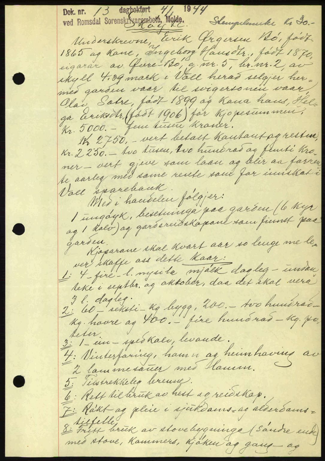 Romsdal sorenskriveri, AV/SAT-A-4149/1/2/2C: Mortgage book no. A15, 1943-1944, Diary no: : 13/1944