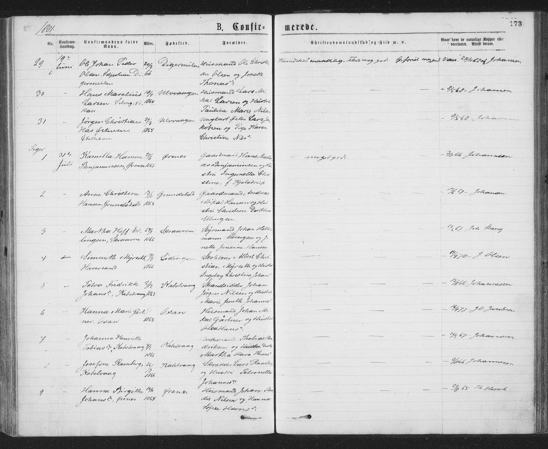 Ministerialprotokoller, klokkerbøker og fødselsregistre - Nordland, SAT/A-1459/874/L1058: Parish register (official) no. 874A02, 1878-1883, p. 173