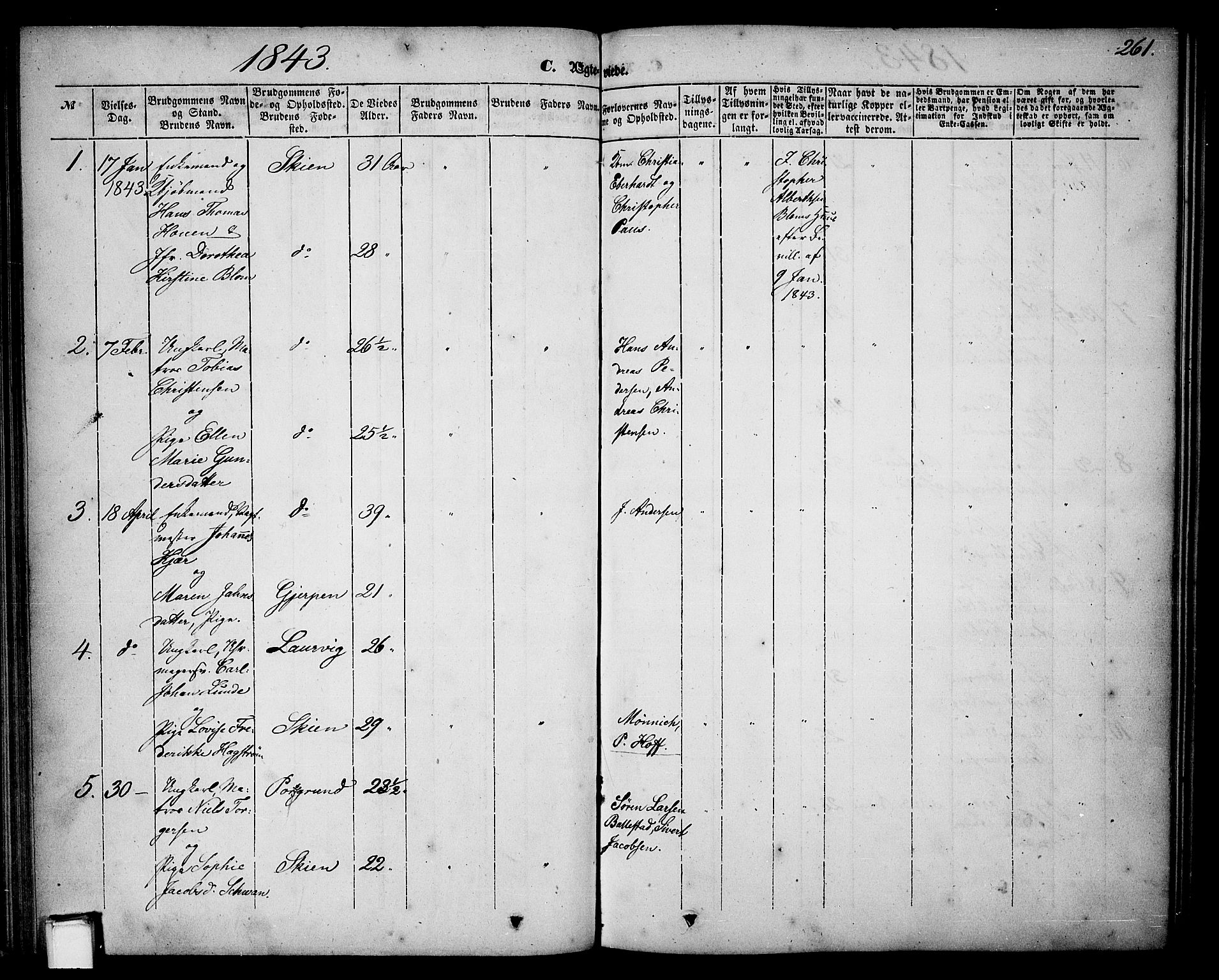 Skien kirkebøker, SAKO/A-302/G/Ga/L0004: Parish register (copy) no. 4, 1843-1867, p. 261