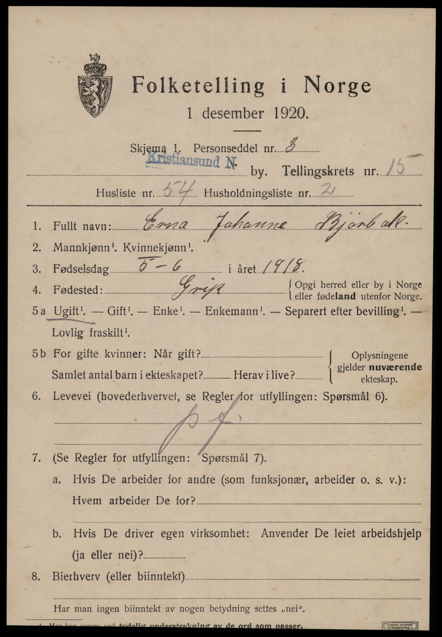 SAT, 1920 census for Kristiansund, 1920, p. 31993