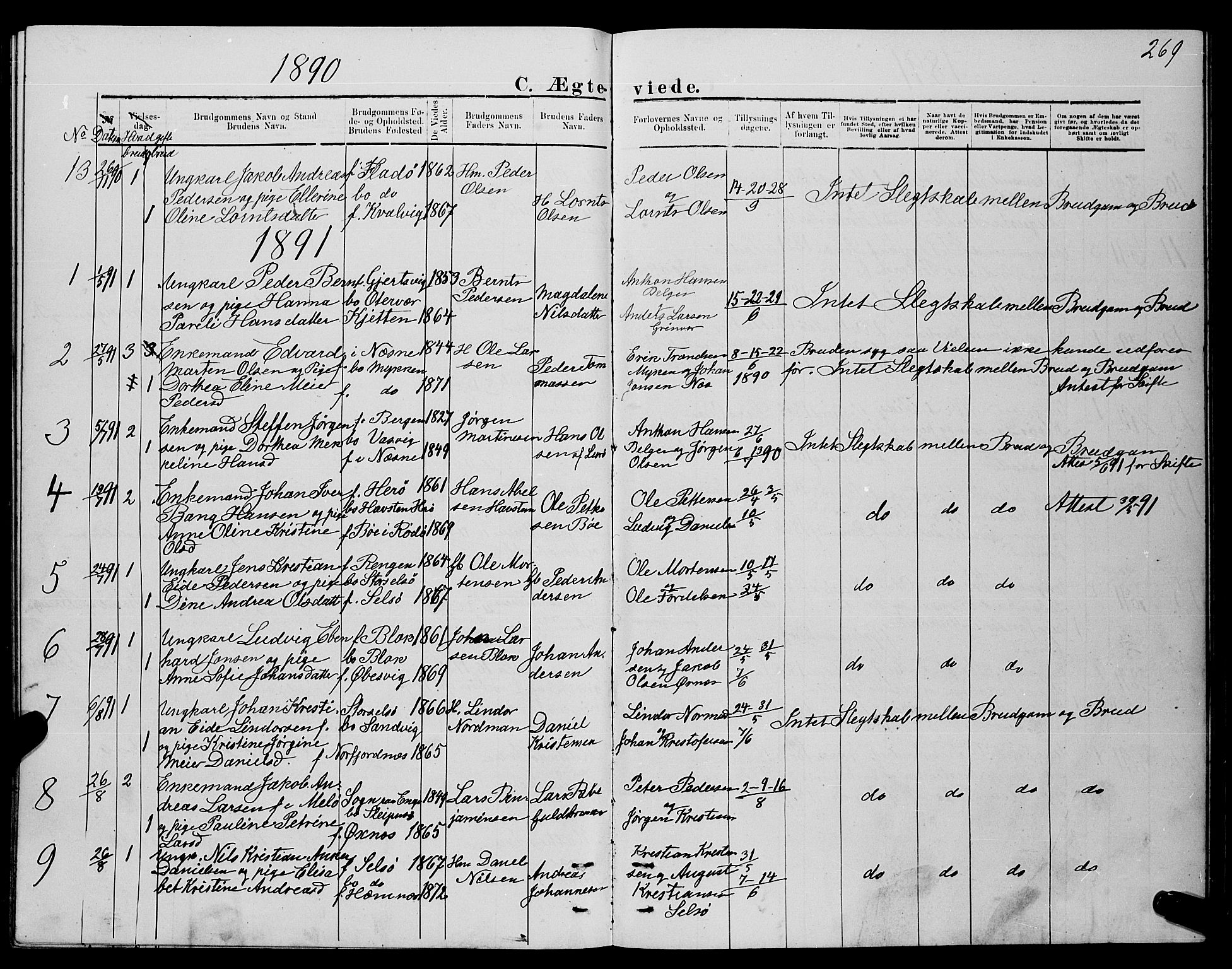 Ministerialprotokoller, klokkerbøker og fødselsregistre - Nordland, SAT/A-1459/841/L0620: Parish register (copy) no. 841C04, 1877-1896, p. 269