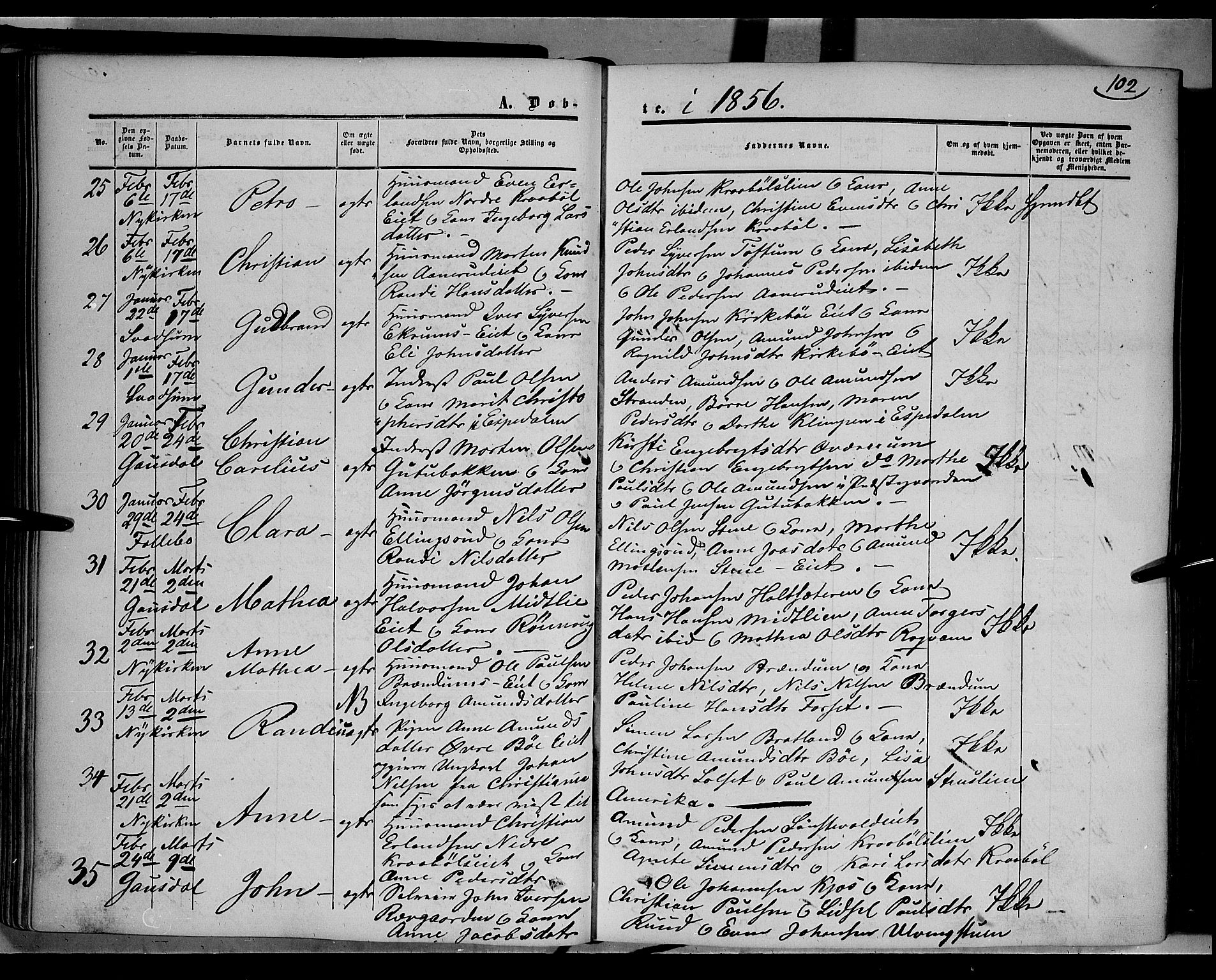 Gausdal prestekontor, AV/SAH-PREST-090/H/Ha/Haa/L0008: Parish register (official) no. 8, 1850-1861, p. 102