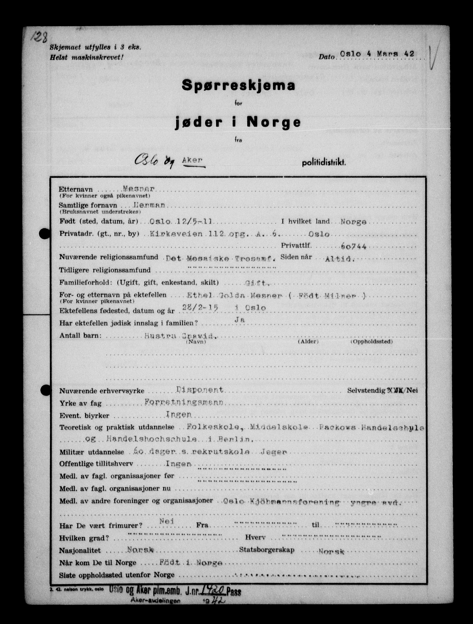 Statspolitiet - Hovedkontoret / Osloavdelingen, AV/RA-S-1329/G/Ga/L0012: Spørreskjema for jøder i Norge. 1: Aker 114- 207 (Levinson-Wozak) og 656 (Salomon). 2: Arendal-Hordaland. 3: Horten-Romerike.  , 1942, p. 45