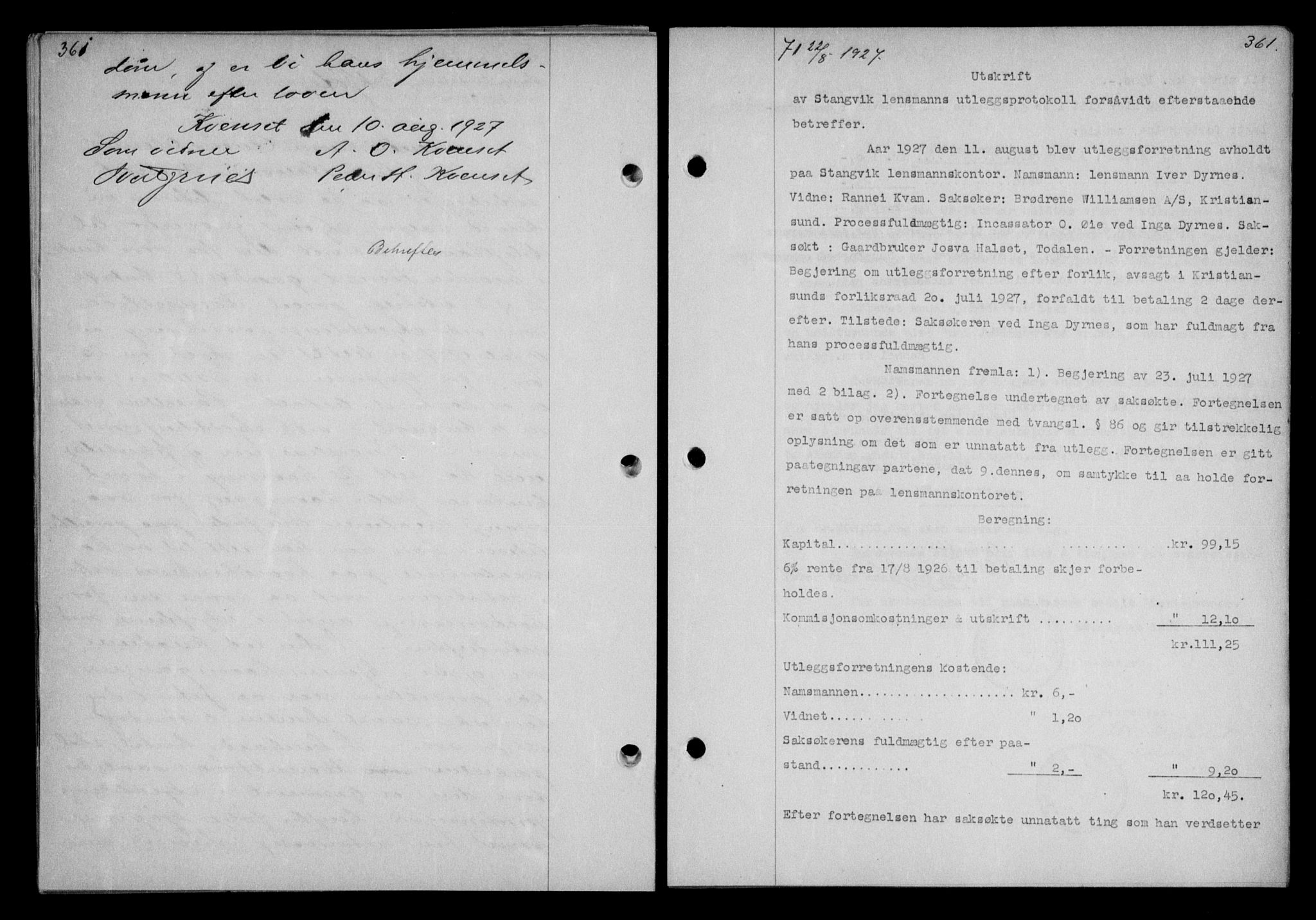 Nordmøre sorenskriveri, AV/SAT-A-4132/1/2/2Ca/L0062: Mortgage book no. 52, 1927-1927, Deed date: 22.08.1927