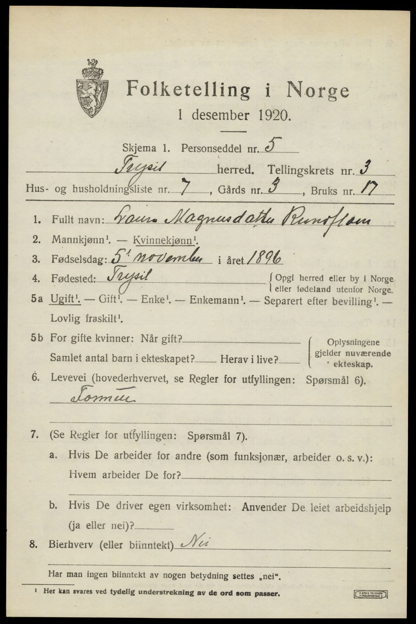 SAH, 1920 census for Trysil, 1920, p. 3563