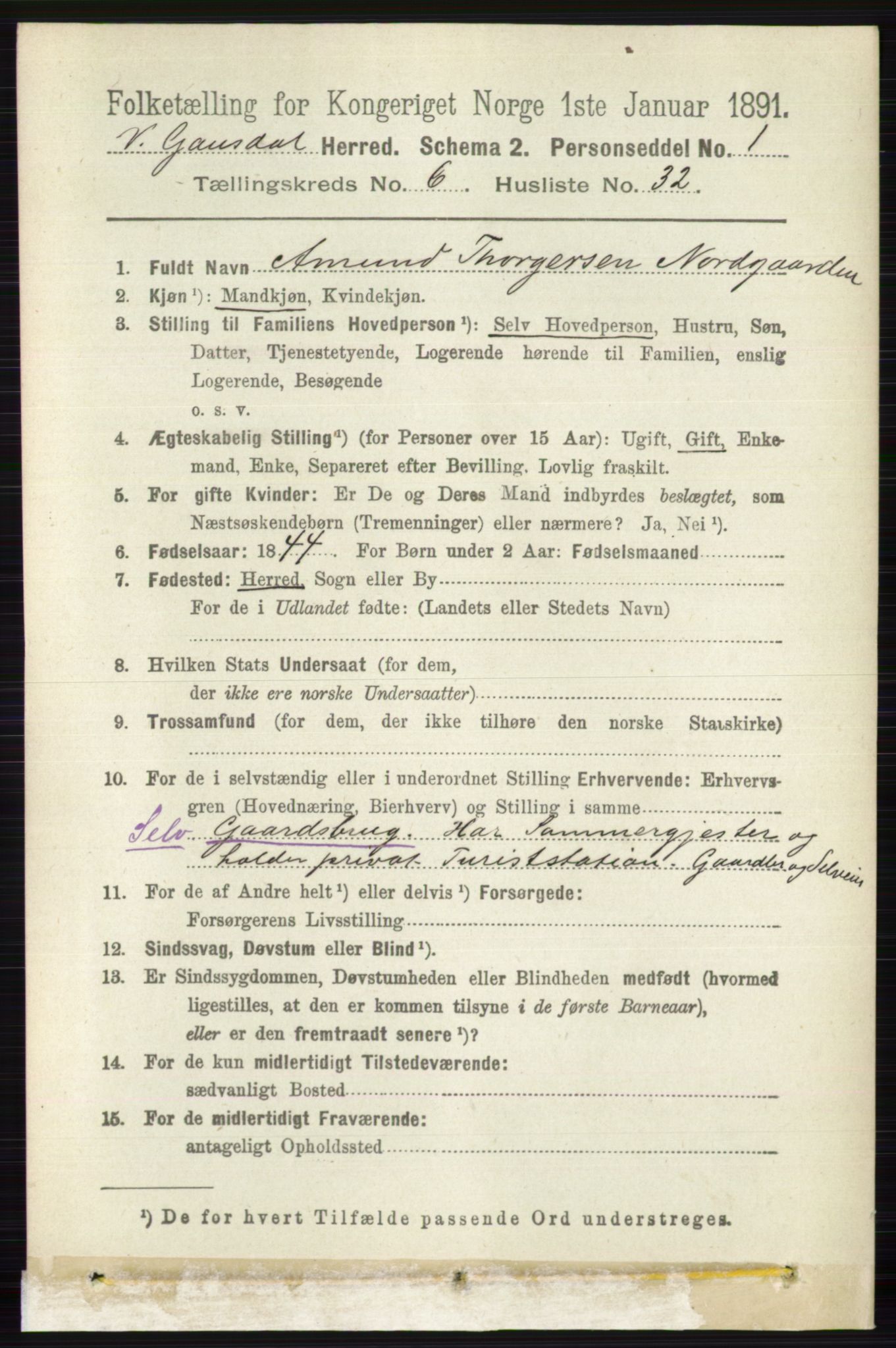 RA, 1891 census for 0523 Vestre Gausdal, 1891, p. 2745