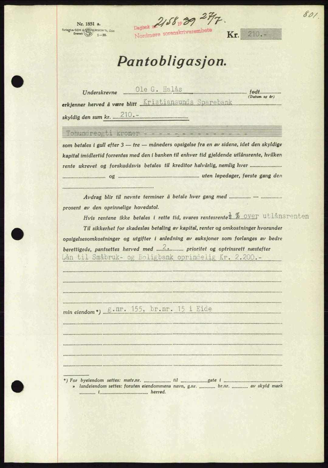 Nordmøre sorenskriveri, AV/SAT-A-4132/1/2/2Ca: Mortgage book no. B85, 1939-1939, Diary no: : 2158/1939