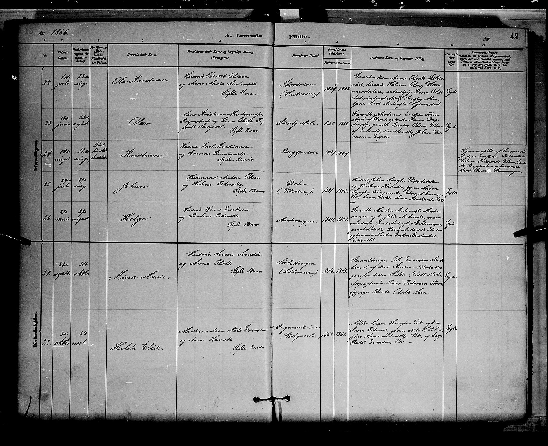 Stange prestekontor, AV/SAH-PREST-002/L/L0008: Parish register (copy) no. 8, 1882-1895, p. 42