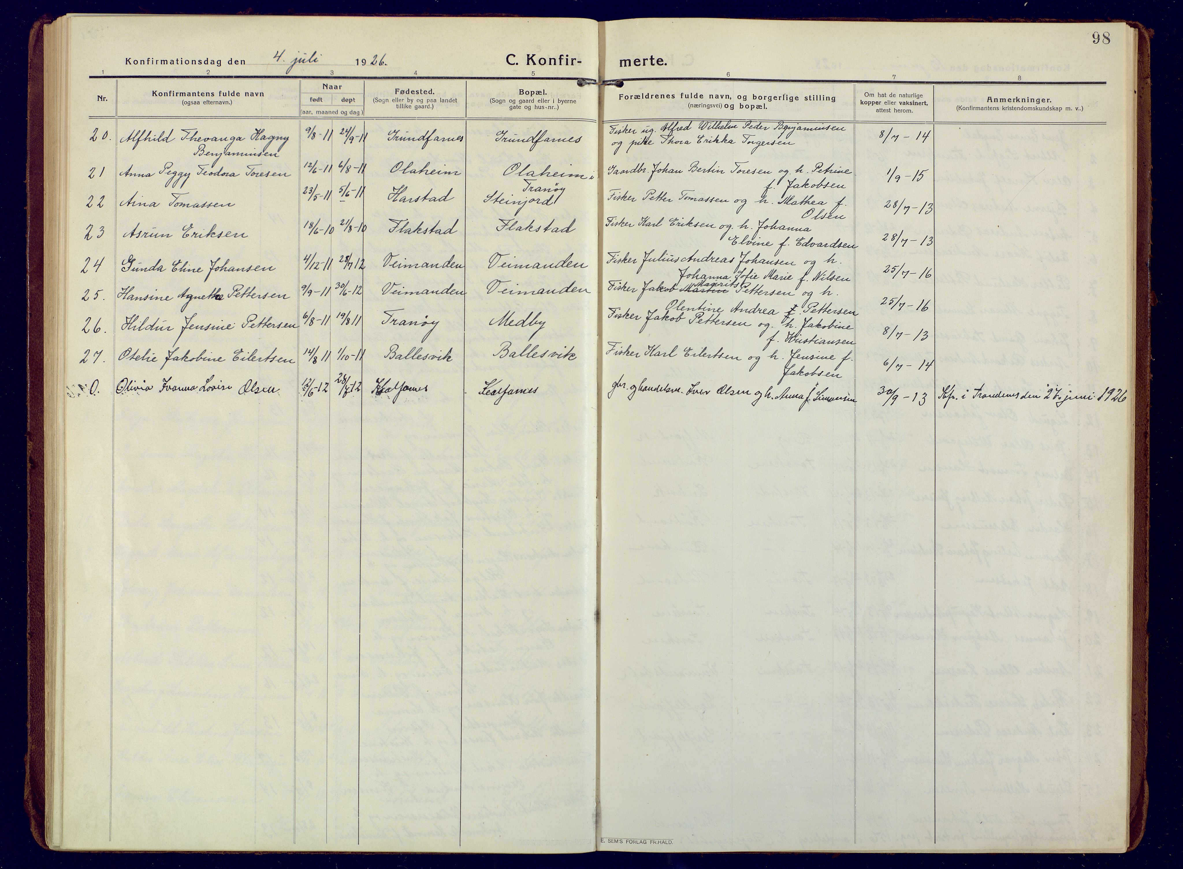 Berg sokneprestkontor, AV/SATØ-S-1318/G/Ga/Gaa/L0010kirke: Parish register (official) no. 10, 1916-1928, p. 98