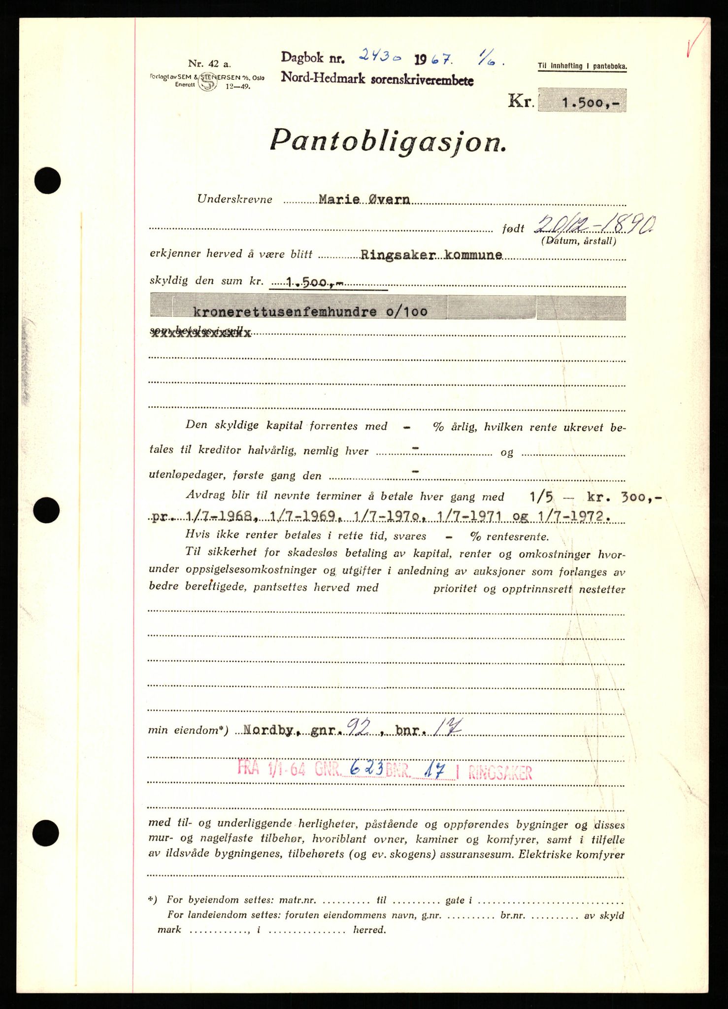 Nord-Hedmark sorenskriveri, SAH/TING-012/H/Hb/Hbf/L0071: Mortgage book no. B71, 1967-1967, Diary no: : 2430/1967