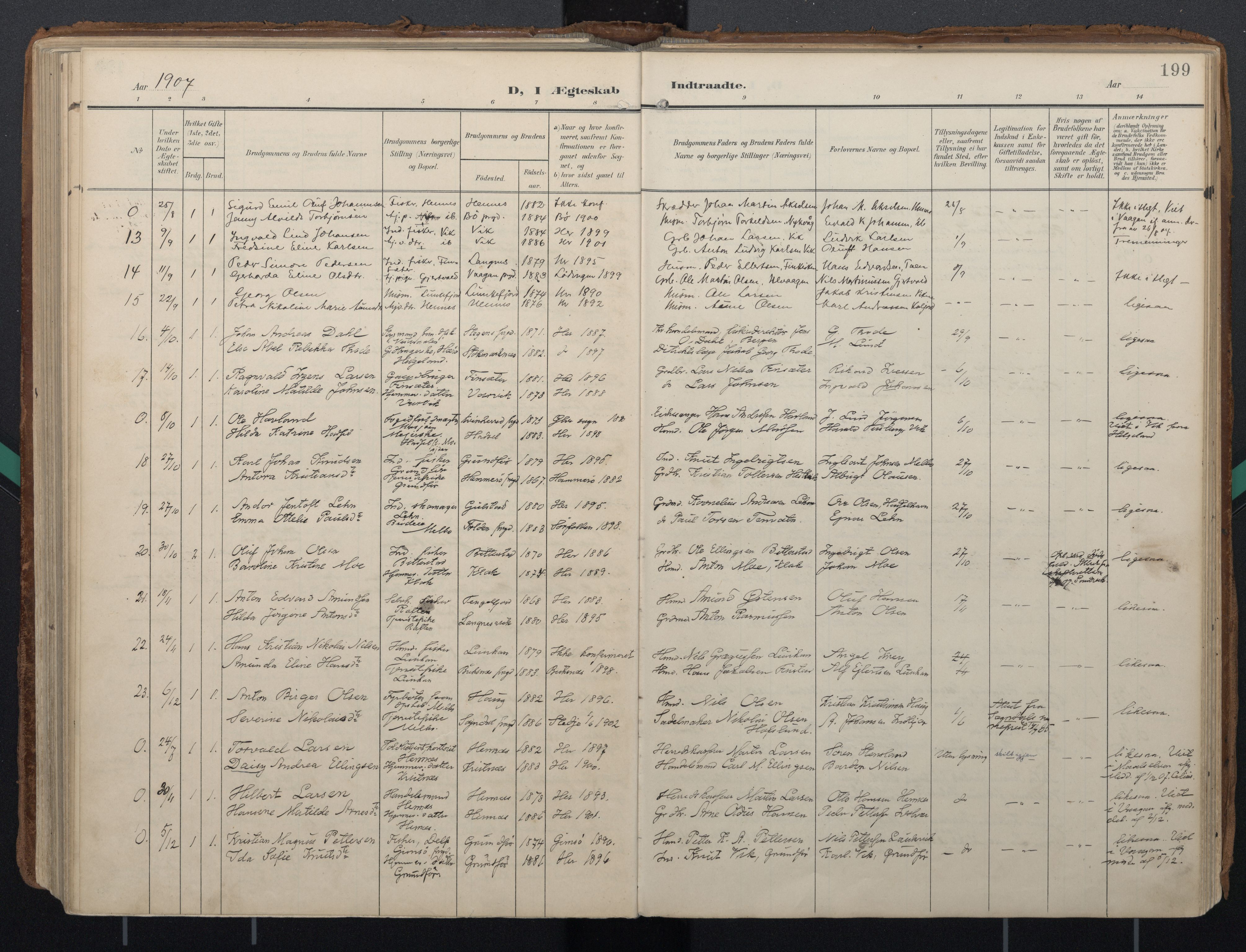 Ministerialprotokoller, klokkerbøker og fødselsregistre - Nordland, AV/SAT-A-1459/888/L1248: Parish register (official) no. 888A14, 1904-1913, p. 199