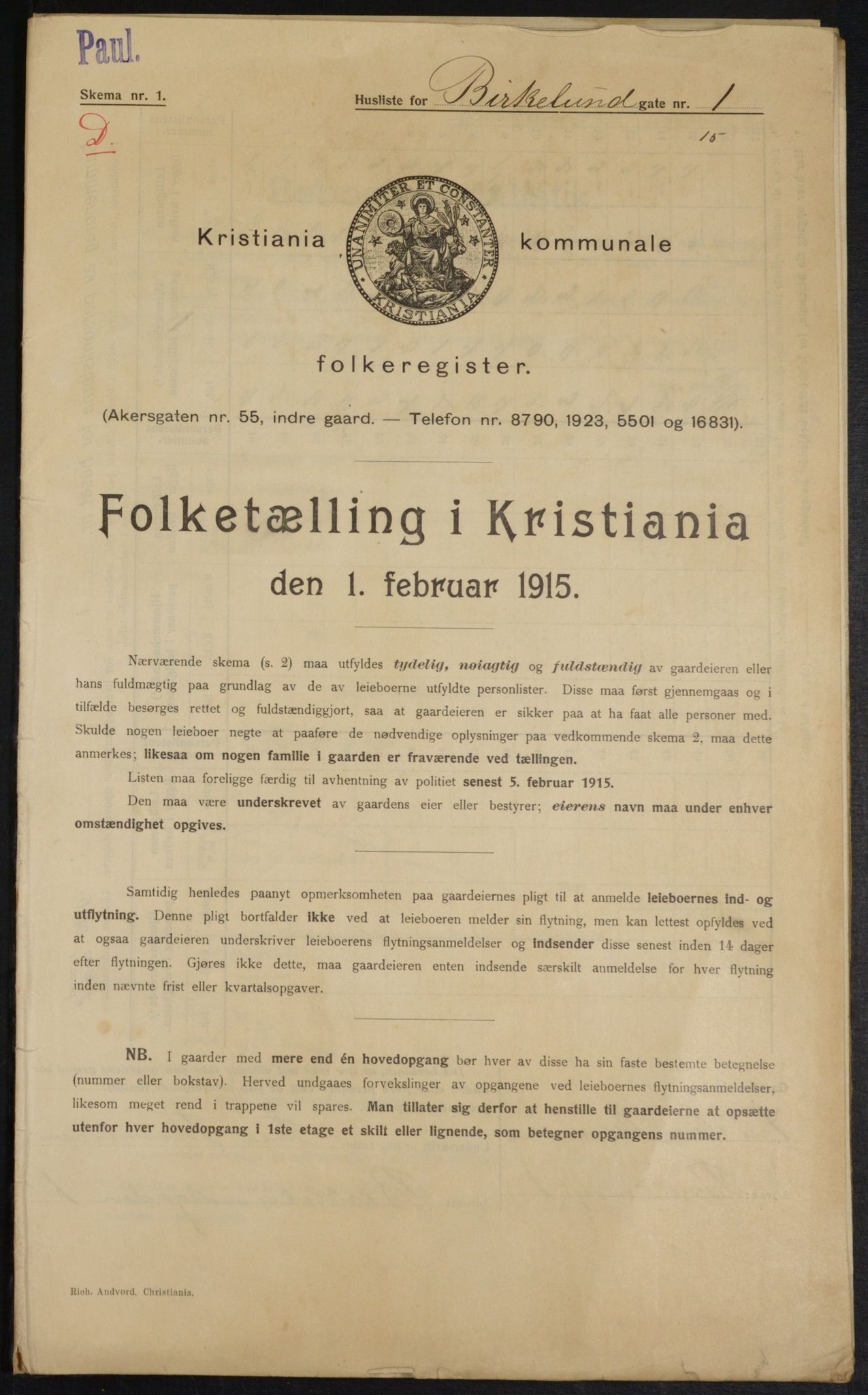 OBA, Municipal Census 1915 for Kristiania, 1915, p. 5052