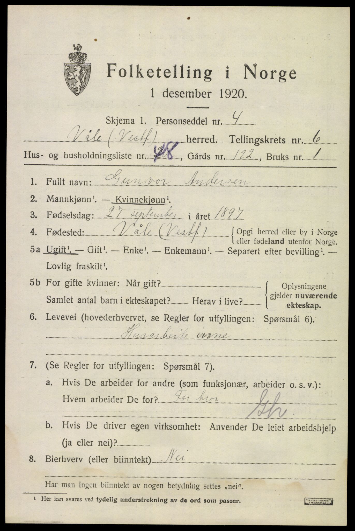 SAKO, 1920 census for Våle, 1920, p. 5464