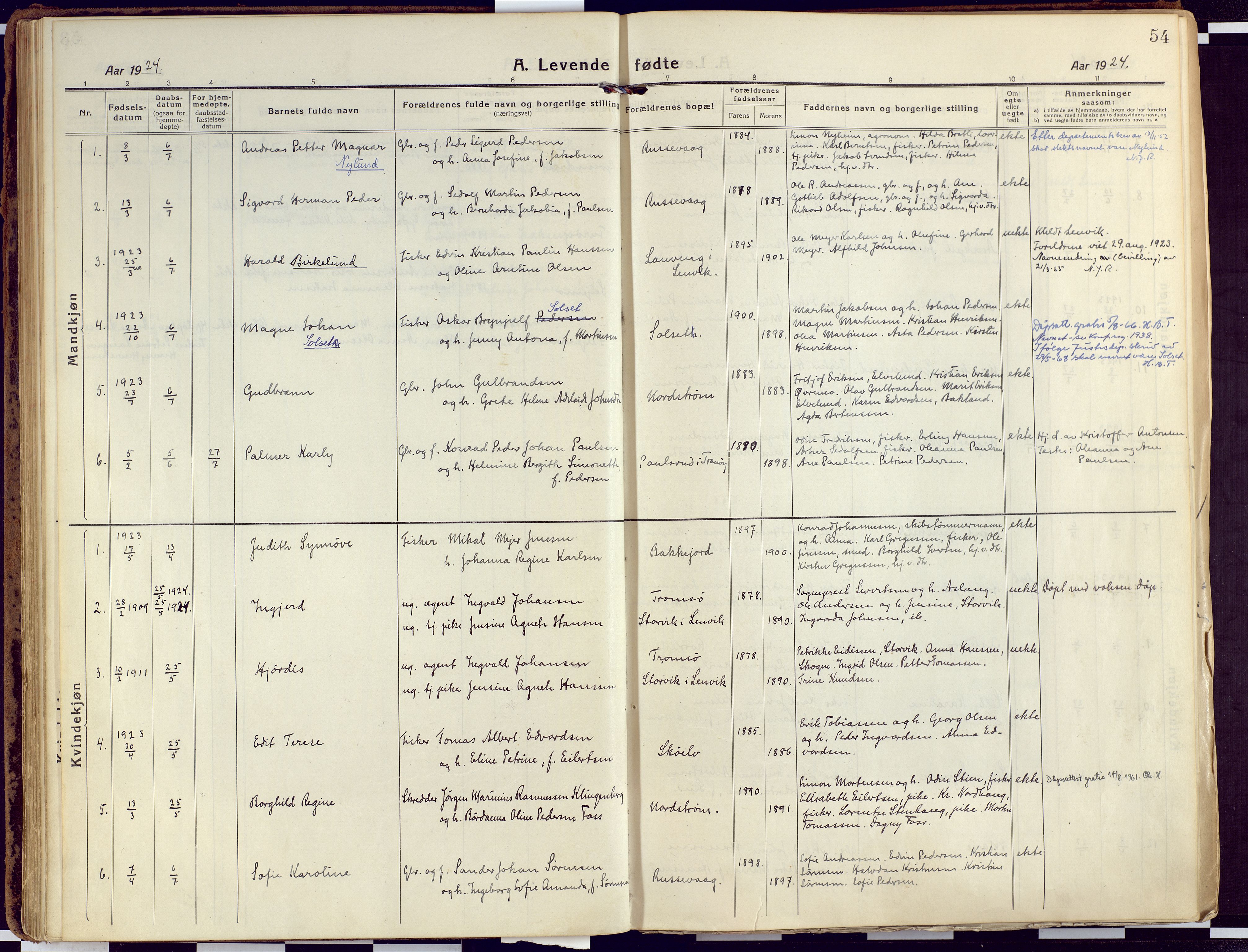 Tranøy sokneprestkontor, SATØ/S-1313/I/Ia/Iaa/L0015kirke: Parish register (official) no. 15, 1919-1928, p. 54