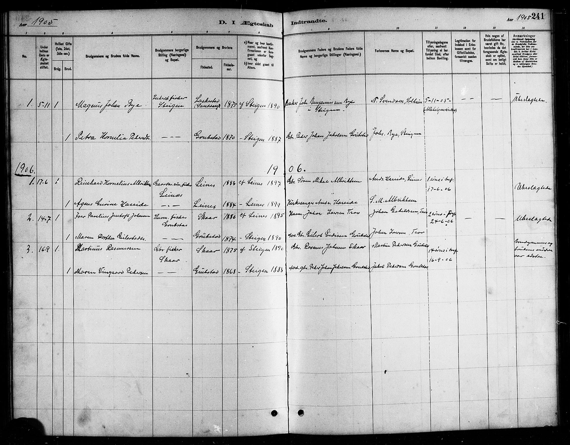 Ministerialprotokoller, klokkerbøker og fødselsregistre - Nordland, AV/SAT-A-1459/857/L0828: Parish register (copy) no. 857C03, 1879-1908, p. 241