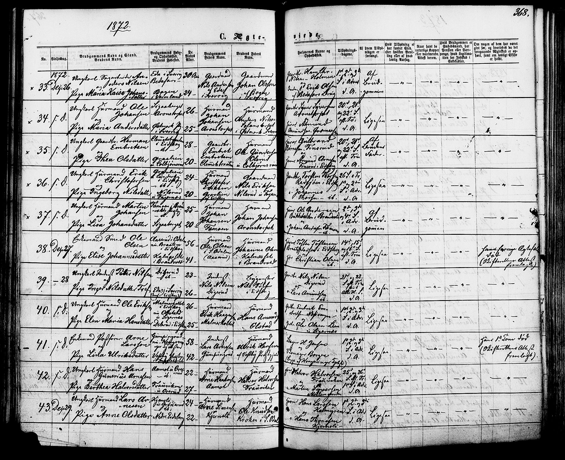 Vinger prestekontor, SAH/PREST-024/H/Ha/Haa/L0012: Parish register (official) no. 12, 1871-1880, p. 368