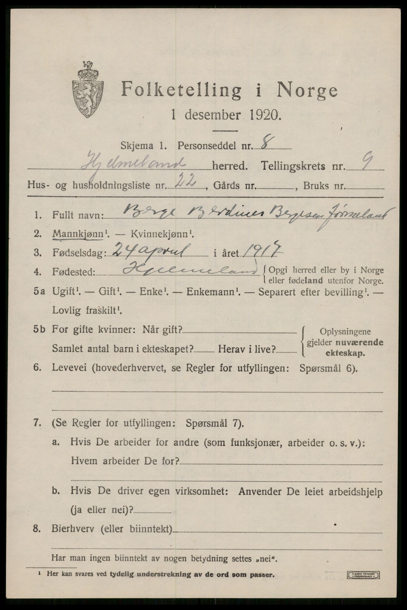 SAST, 1920 census for Hjelmeland, 1920, p. 3371