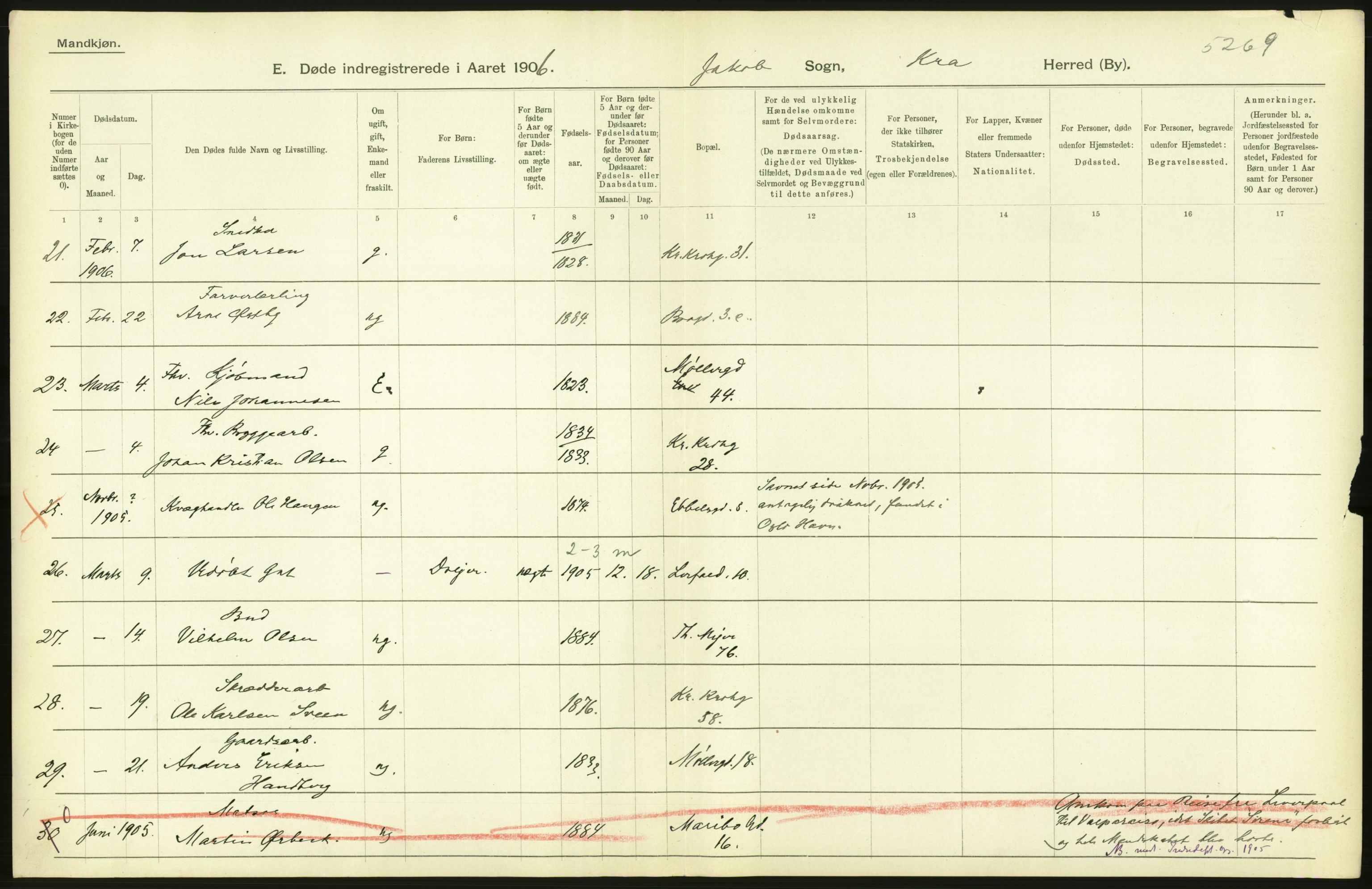 Statistisk sentralbyrå, Sosiodemografiske emner, Befolkning, AV/RA-S-2228/D/Df/Dfa/Dfad/L0009: Kristiania: Døde, 1906, p. 110