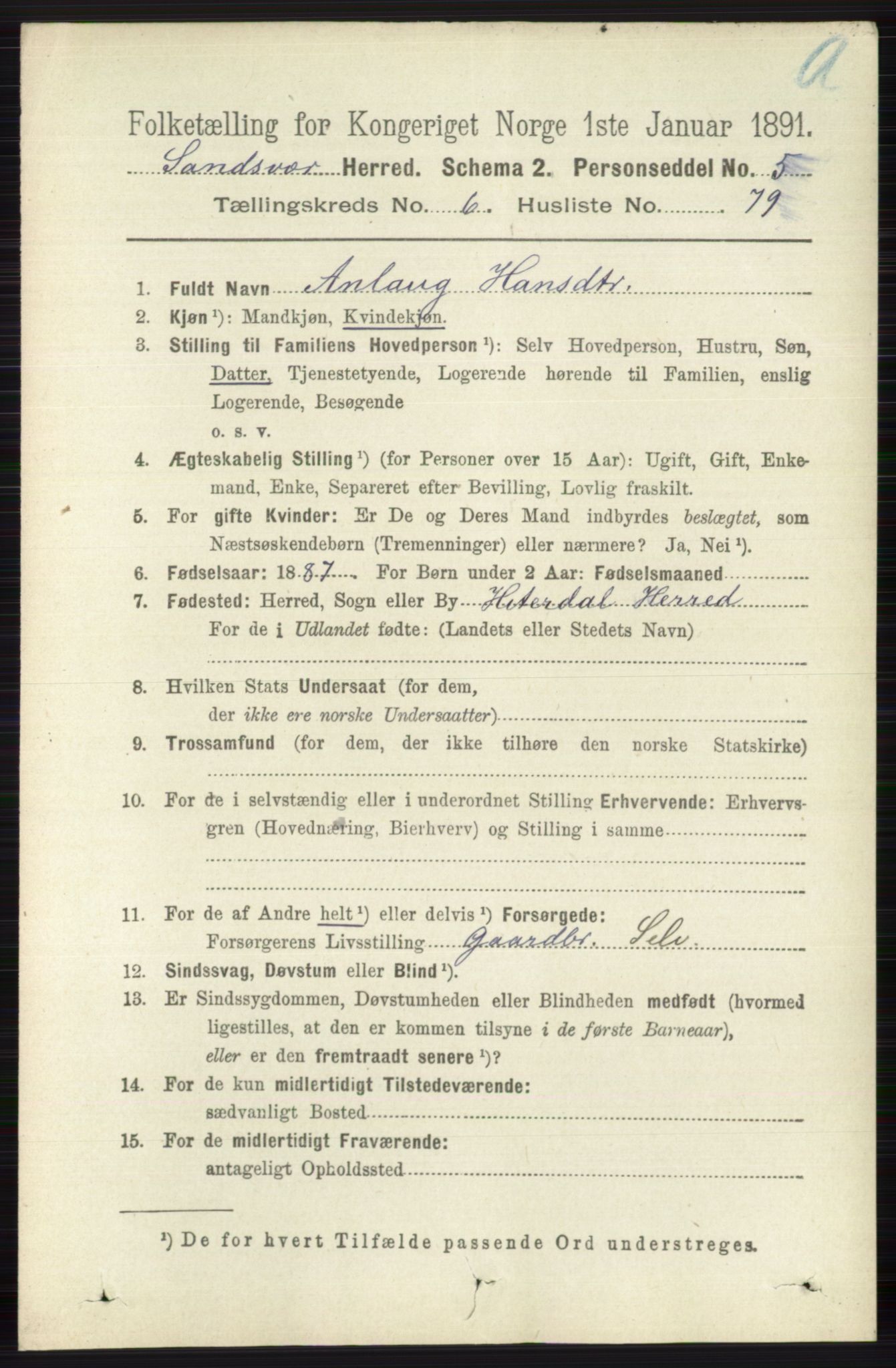 RA, 1891 census for 0629 Sandsvær, 1891, p. 3906