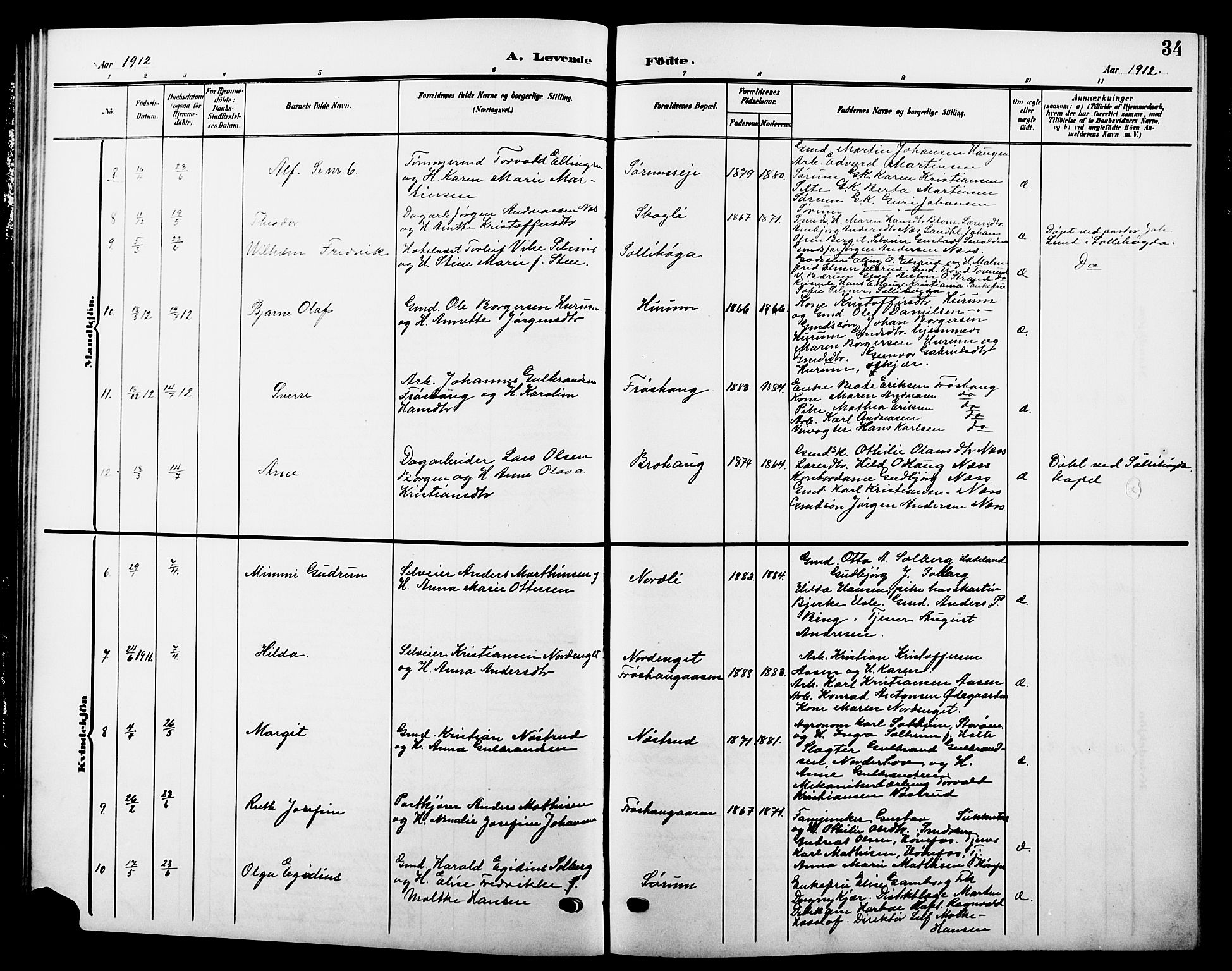 Hole kirkebøker, AV/SAKO-A-228/G/Ga/L0004: Parish register (copy) no. I 4, 1905-1924, p. 34