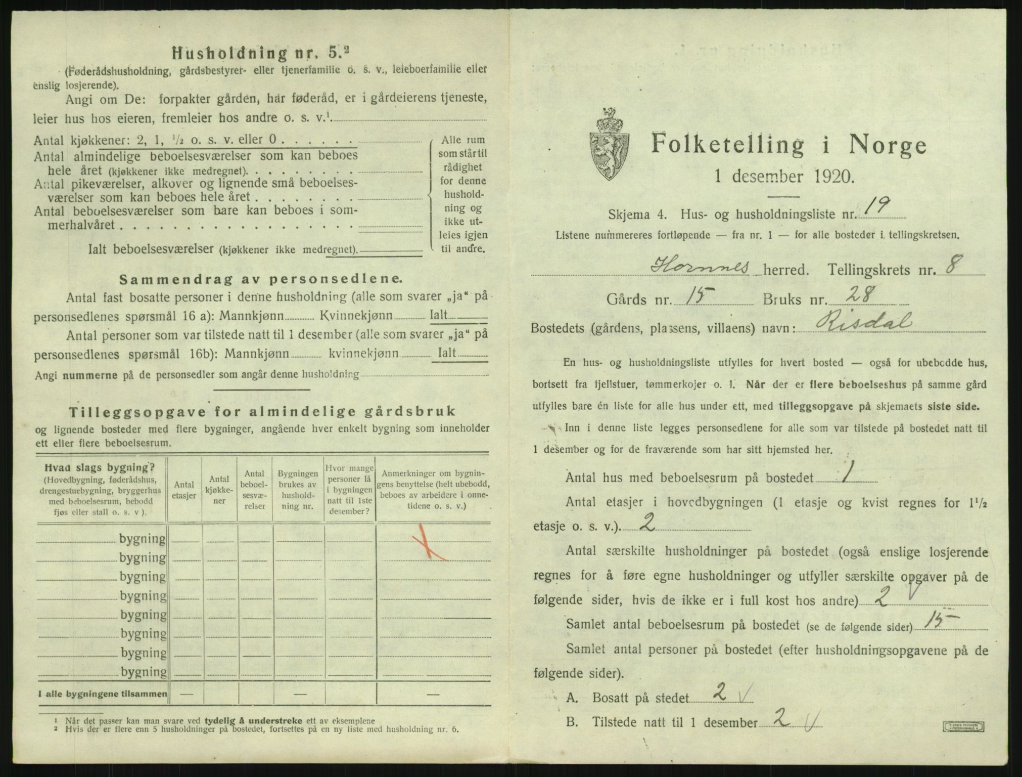 SAK, 1920 census for Hornnes, 1920, p. 331