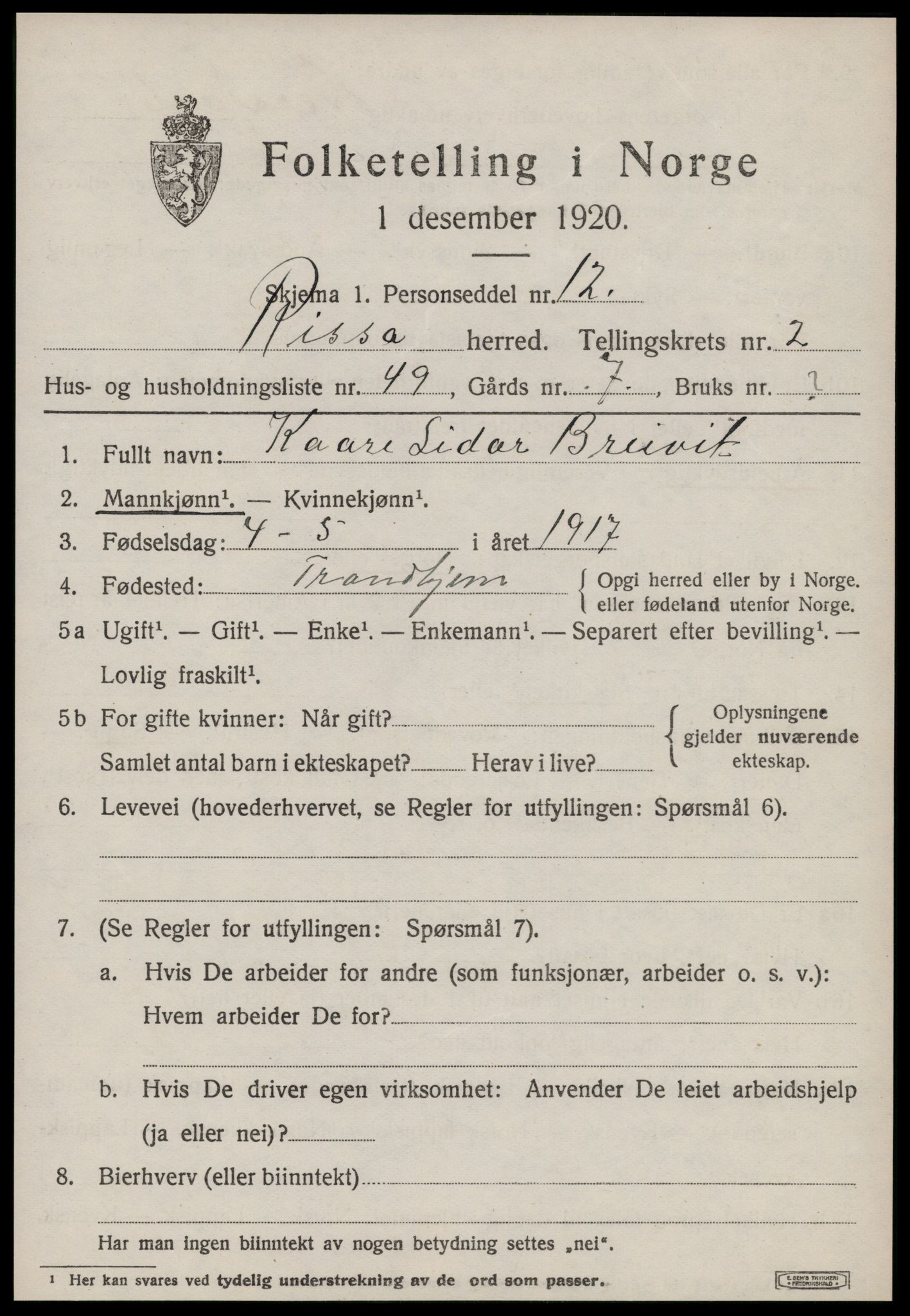 SAT, 1920 census for Rissa, 1920, p. 2275