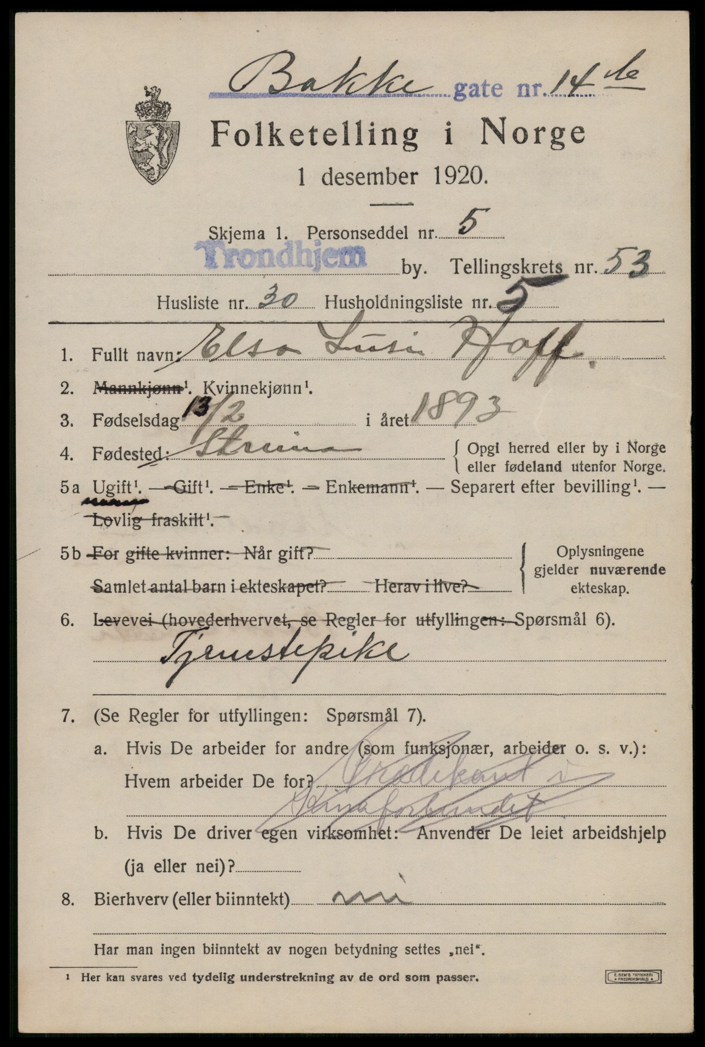 SAT, 1920 census for Trondheim, 1920, p. 109514