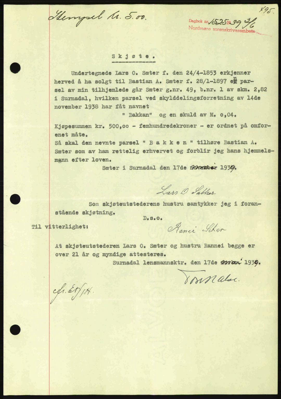 Nordmøre sorenskriveri, AV/SAT-A-4132/1/2/2Ca: Mortgage book no. A86, 1939-1939, Diary no: : 1525/1939