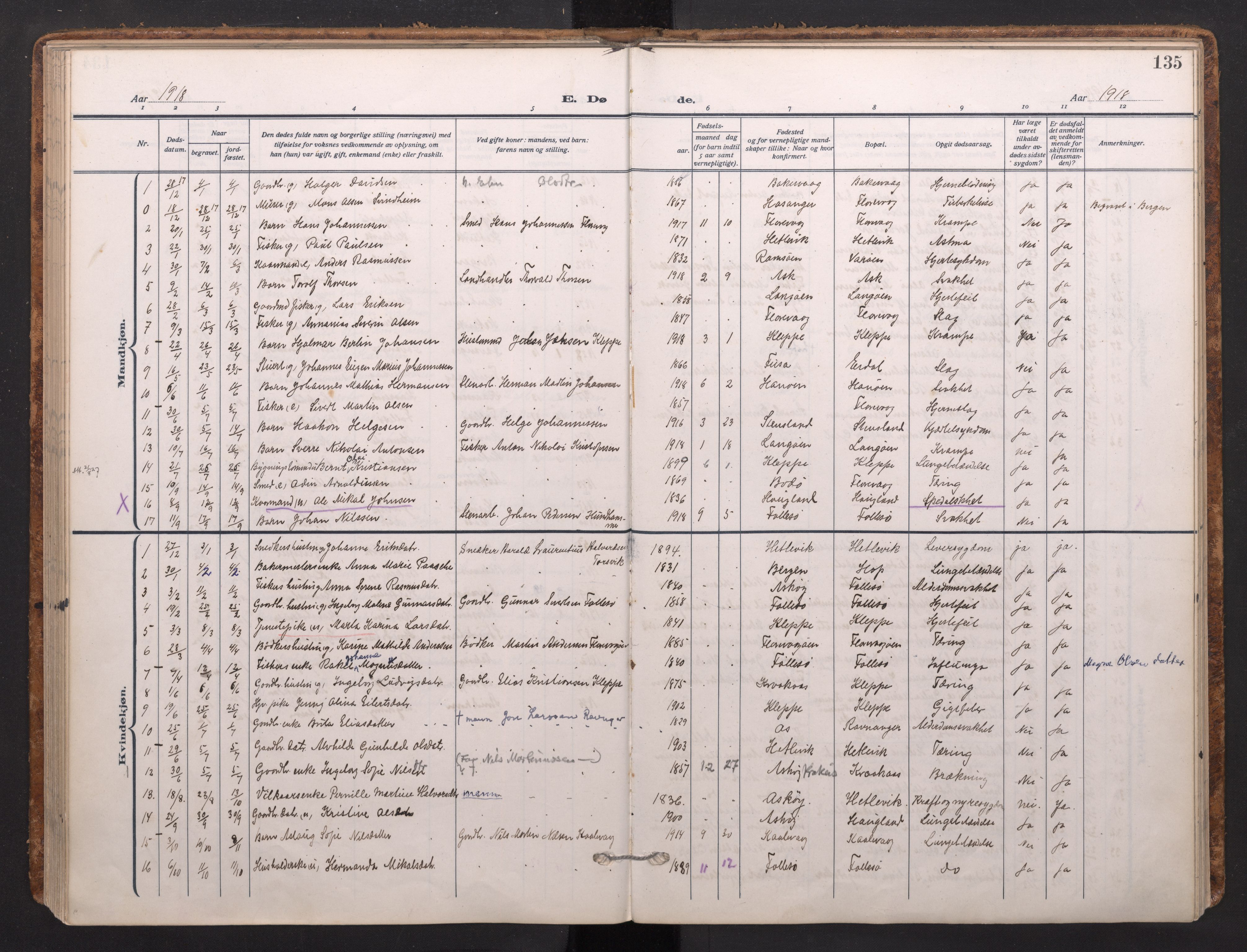 Askøy Sokneprestembete, AV/SAB-A-74101/H/Ha/Haa/Haad/L0002: Parish register (official) no. D 2, 1915-1935, p. 135