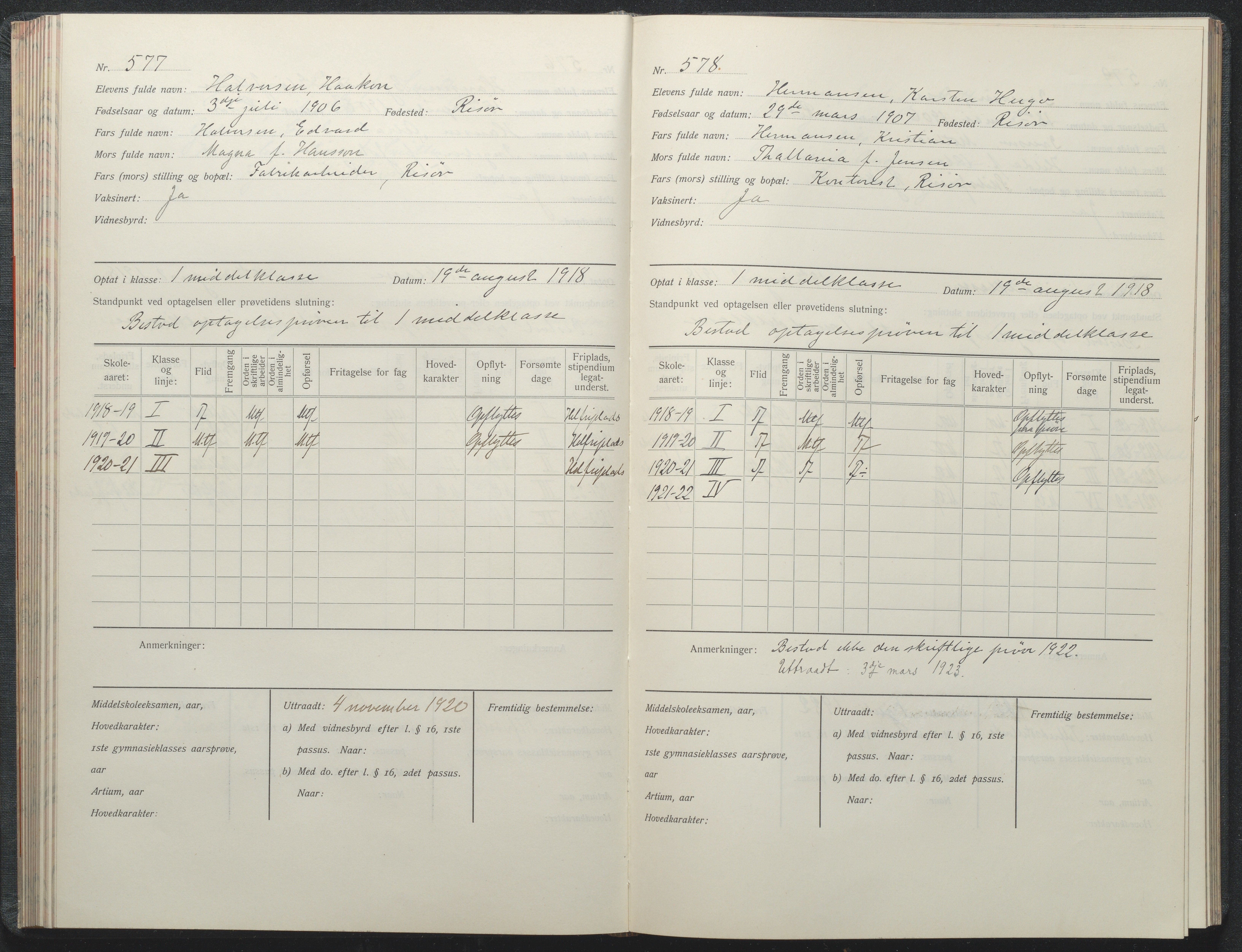 Risør kommune, AAKS/KA0901-PK/1/05/05i/L0002: Manntallsprotokoll, 1911-1925, p. 577-578