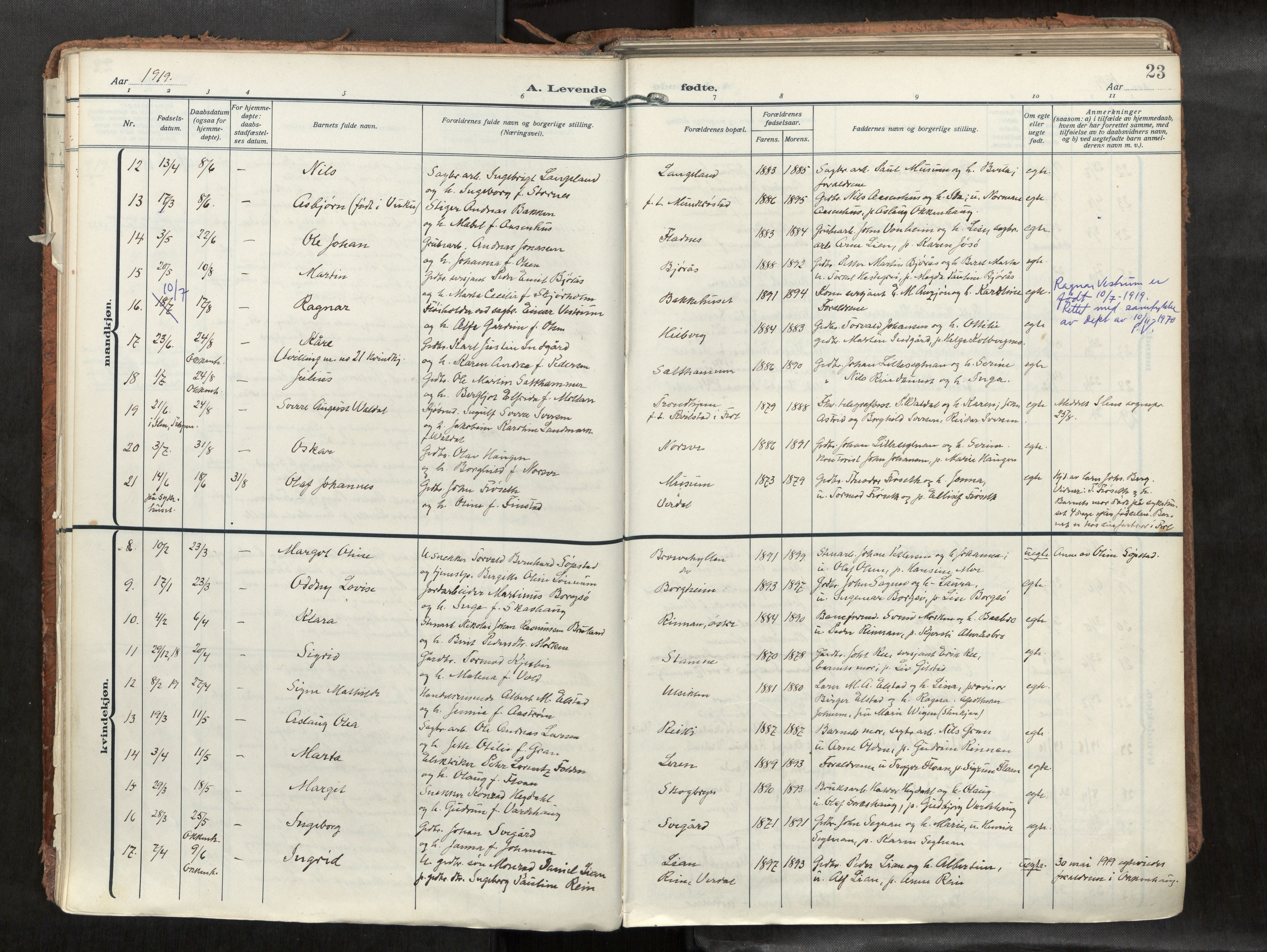 Levanger sokneprestkontor, SAT/A-1301/2/H/Haa/L0002: Parish register (official) no. 2, 1912-1935, p. 23