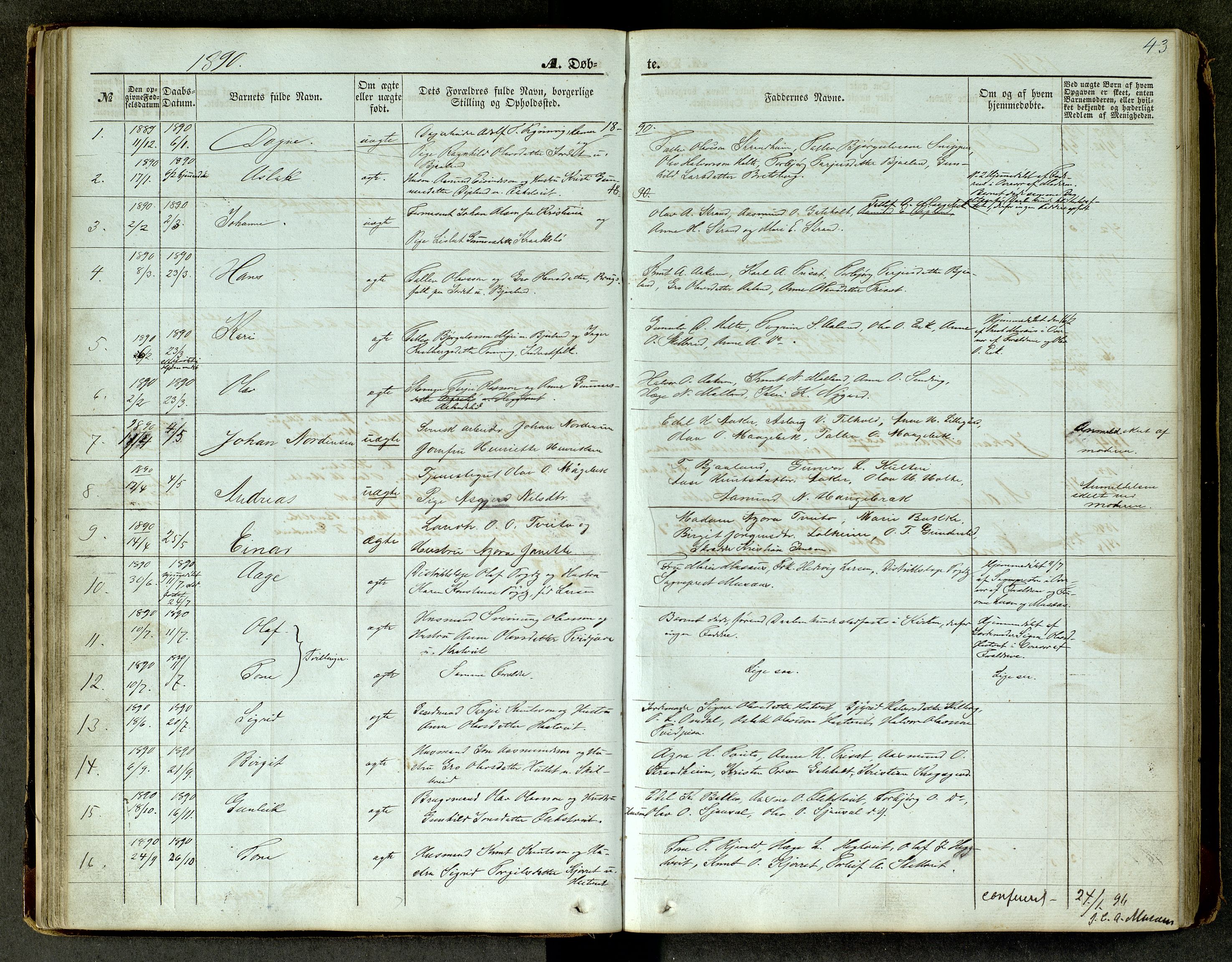 Lårdal kirkebøker, SAKO/A-284/G/Ga/L0002: Parish register (copy) no. I 2, 1861-1890, p. 43