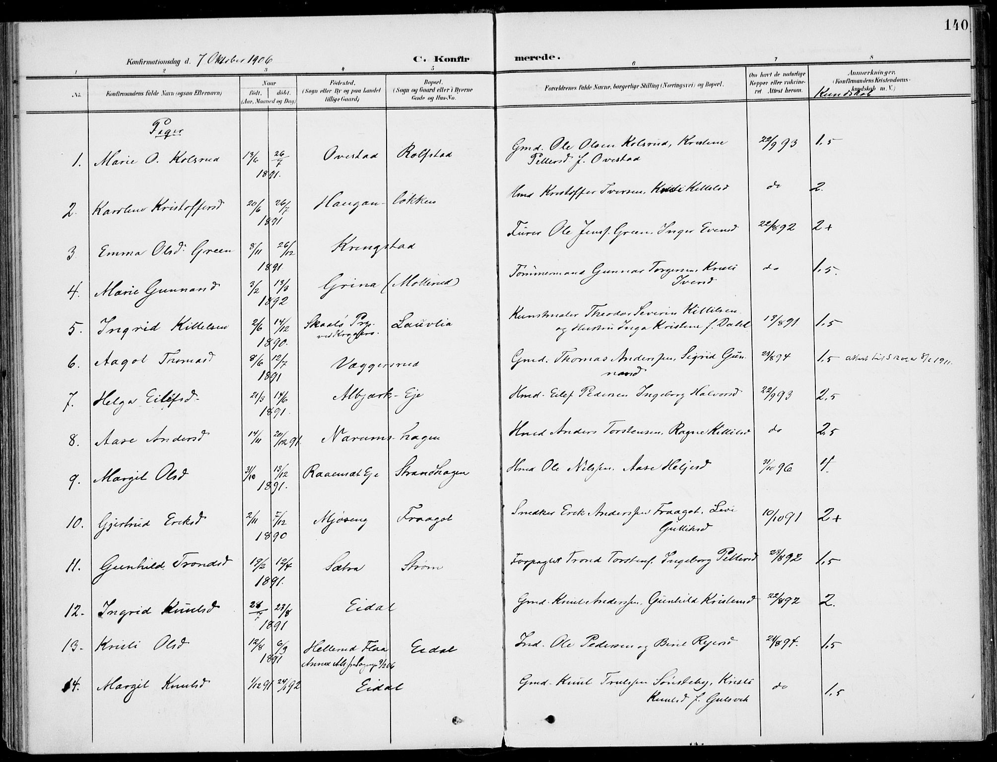 Sigdal kirkebøker, AV/SAKO-A-245/F/Fb/L0002: Parish register (official) no. II 2, 1901-1914, p. 140