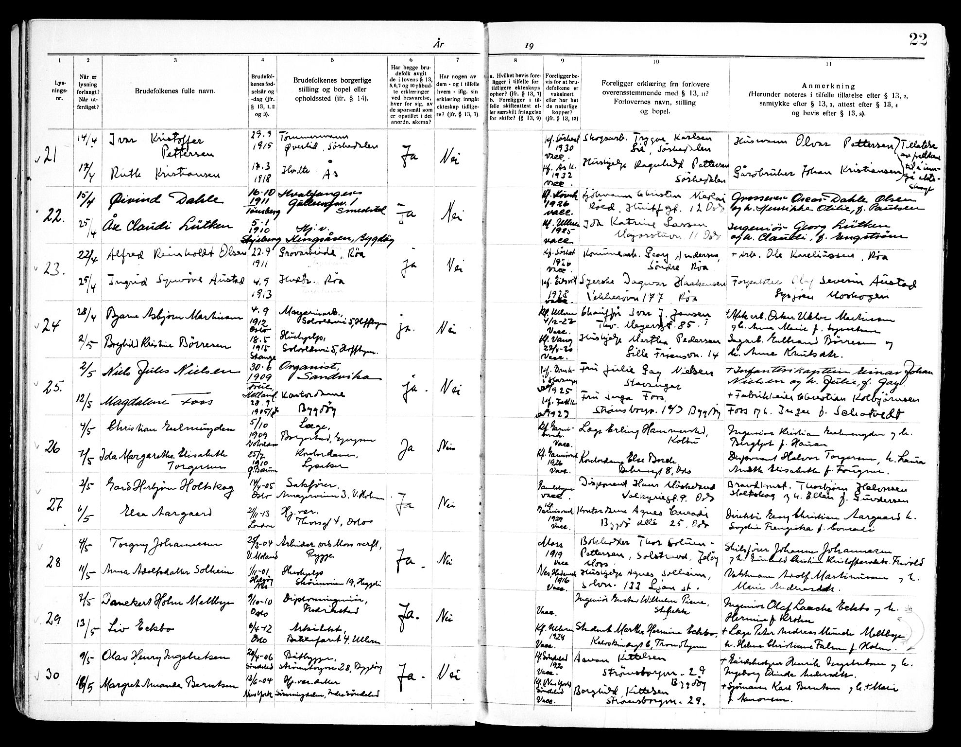 Ullern prestekontor Kirkebøker, AV/SAO-A-10740/H/L0004: Banns register no. 4, 1933-1945, p. 22