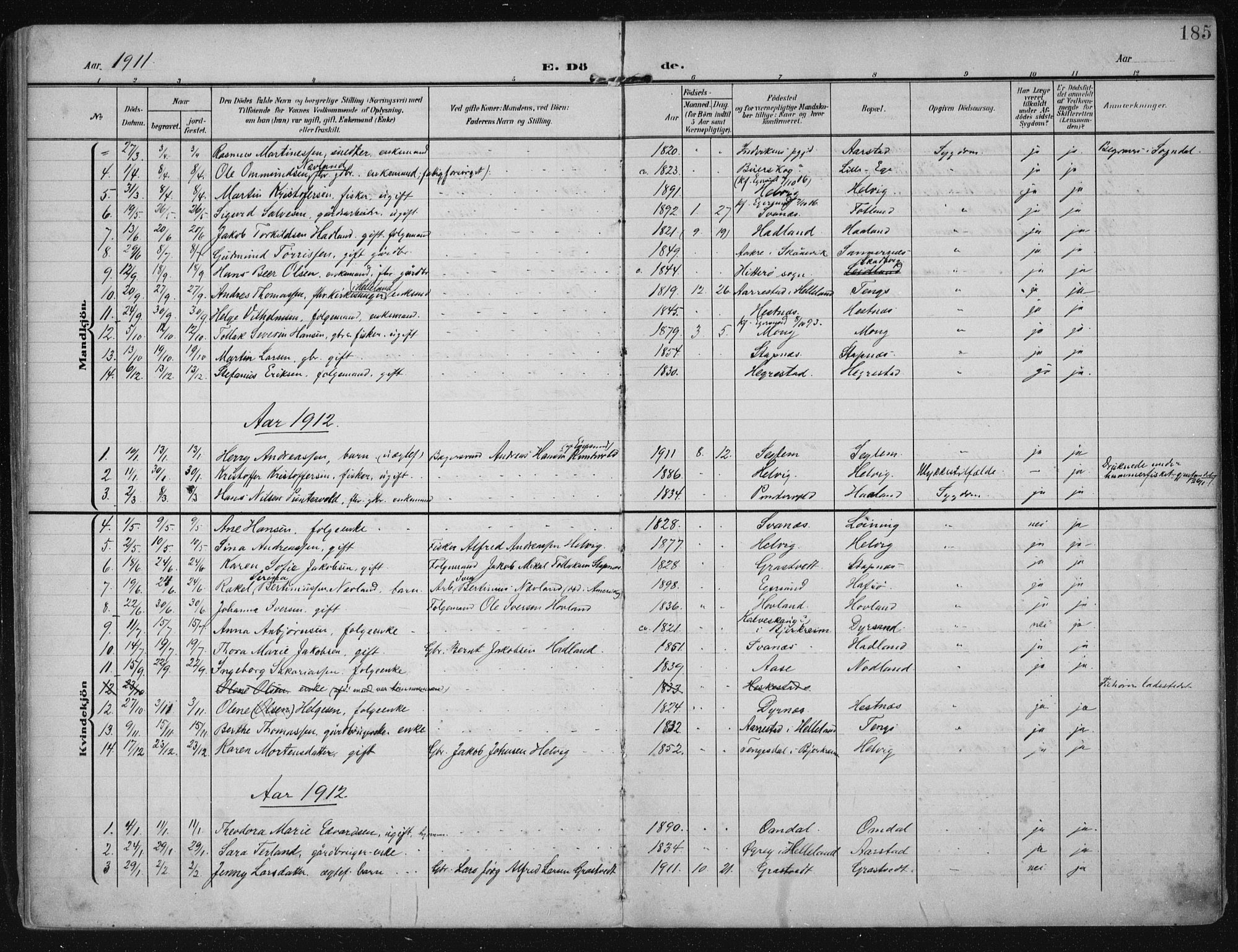 Eigersund sokneprestkontor, SAST/A-101807/S08/L0021: Parish register (official) no. A 20, 1906-1928, p. 185