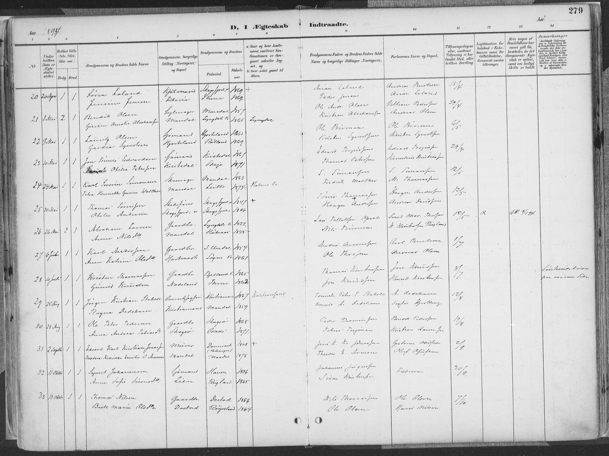 Mandal sokneprestkontor, SAK/1111-0030/F/Fa/Faa/L0018: Parish register (official) no. A 18, 1890-1905, p. 279