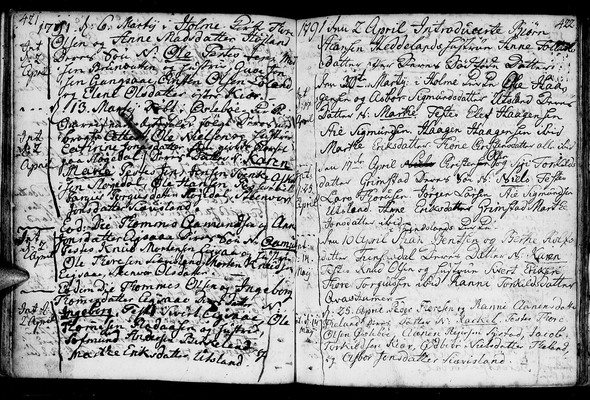 Holum sokneprestkontor, SAK/1111-0022/F/Fa/Fac/L0001: Parish register (official) no. A 1, 1773-1820, p. 421-422