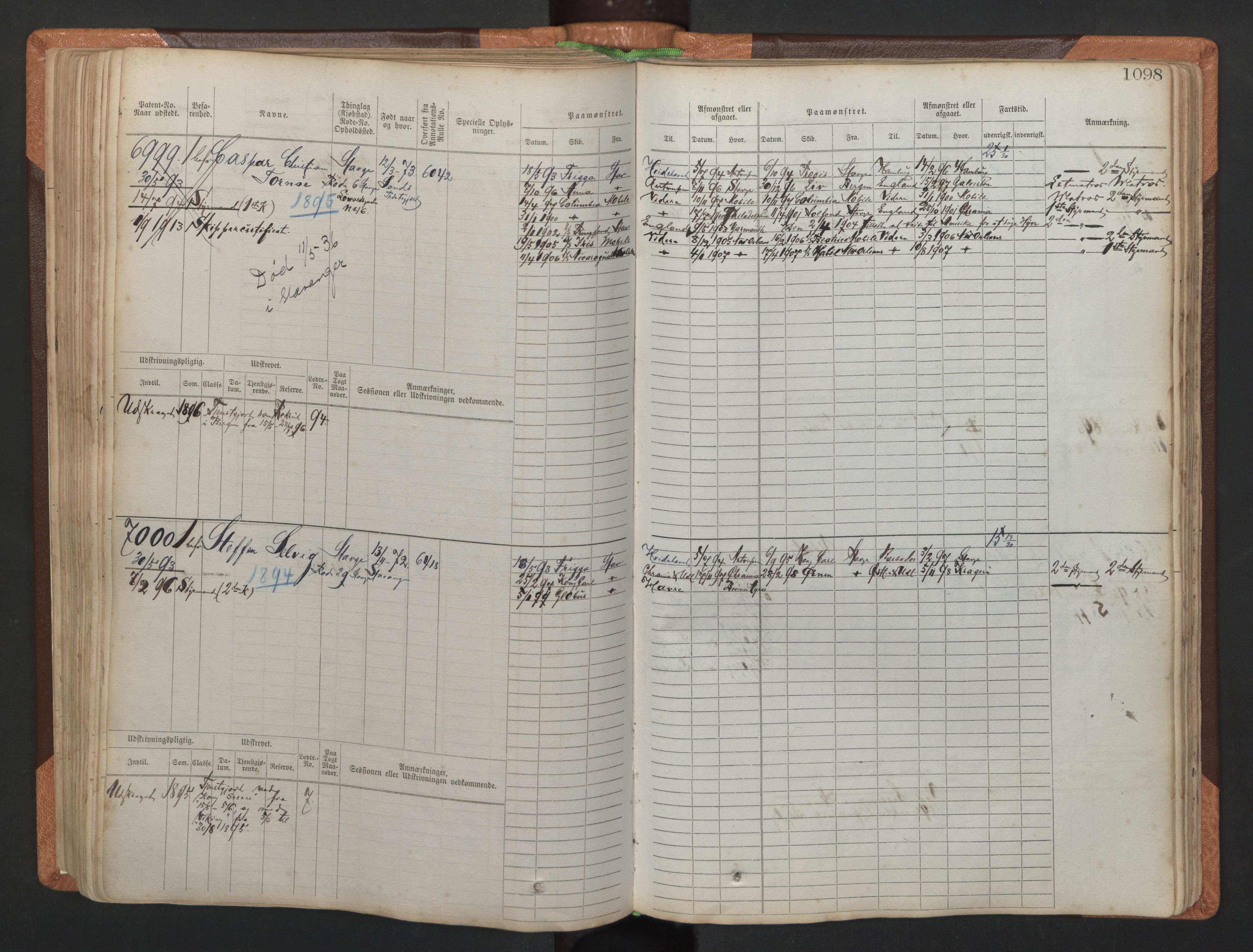 Stavanger sjømannskontor, AV/SAST-A-102006/F/Fb/Fbb/L0011: Sjøfartshovedrulle, patentnr. 6607-7206 (del 2), 1887-1896, p. 201