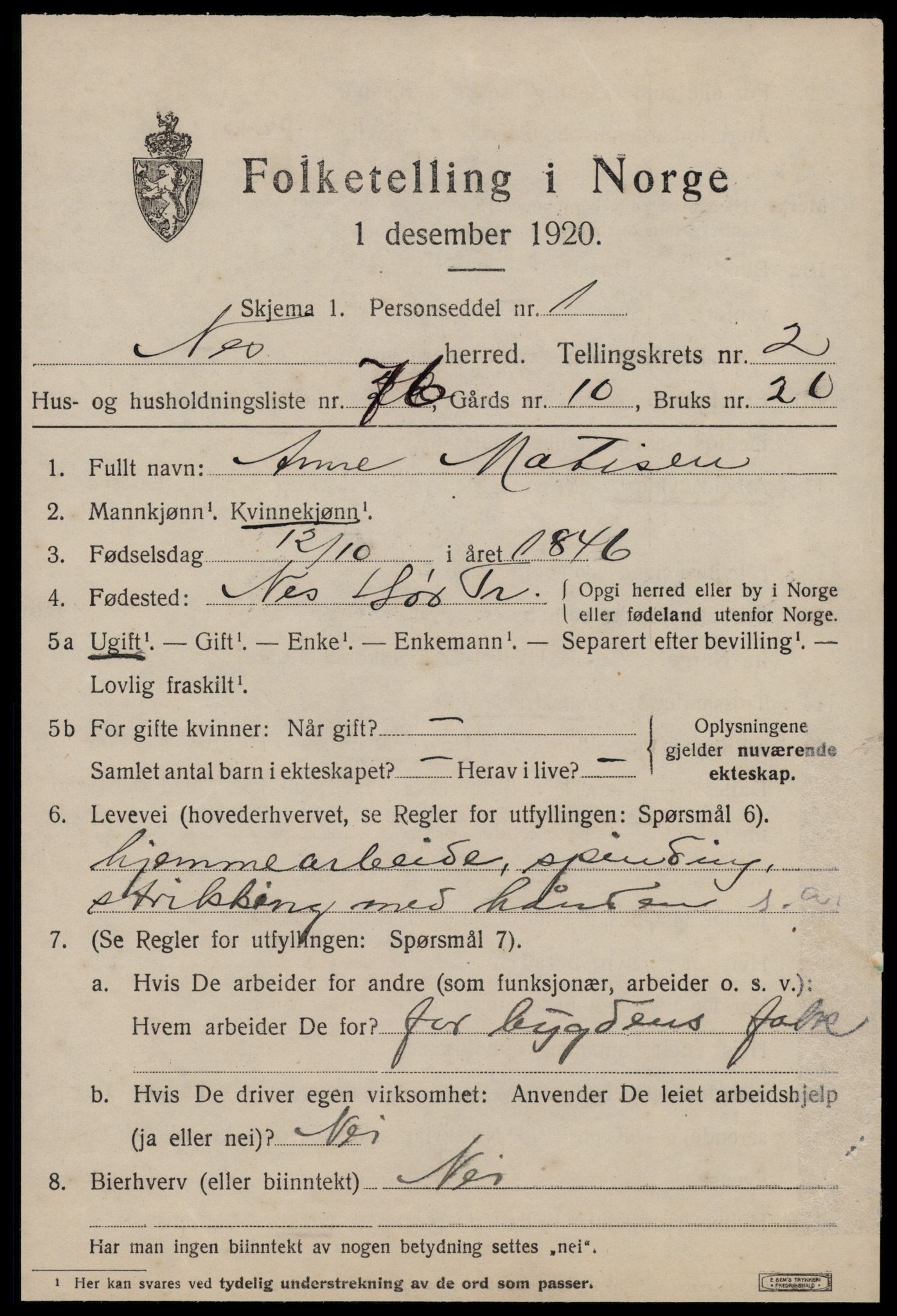 SAT, 1920 census for Nes (ST), 1920, p. 1491