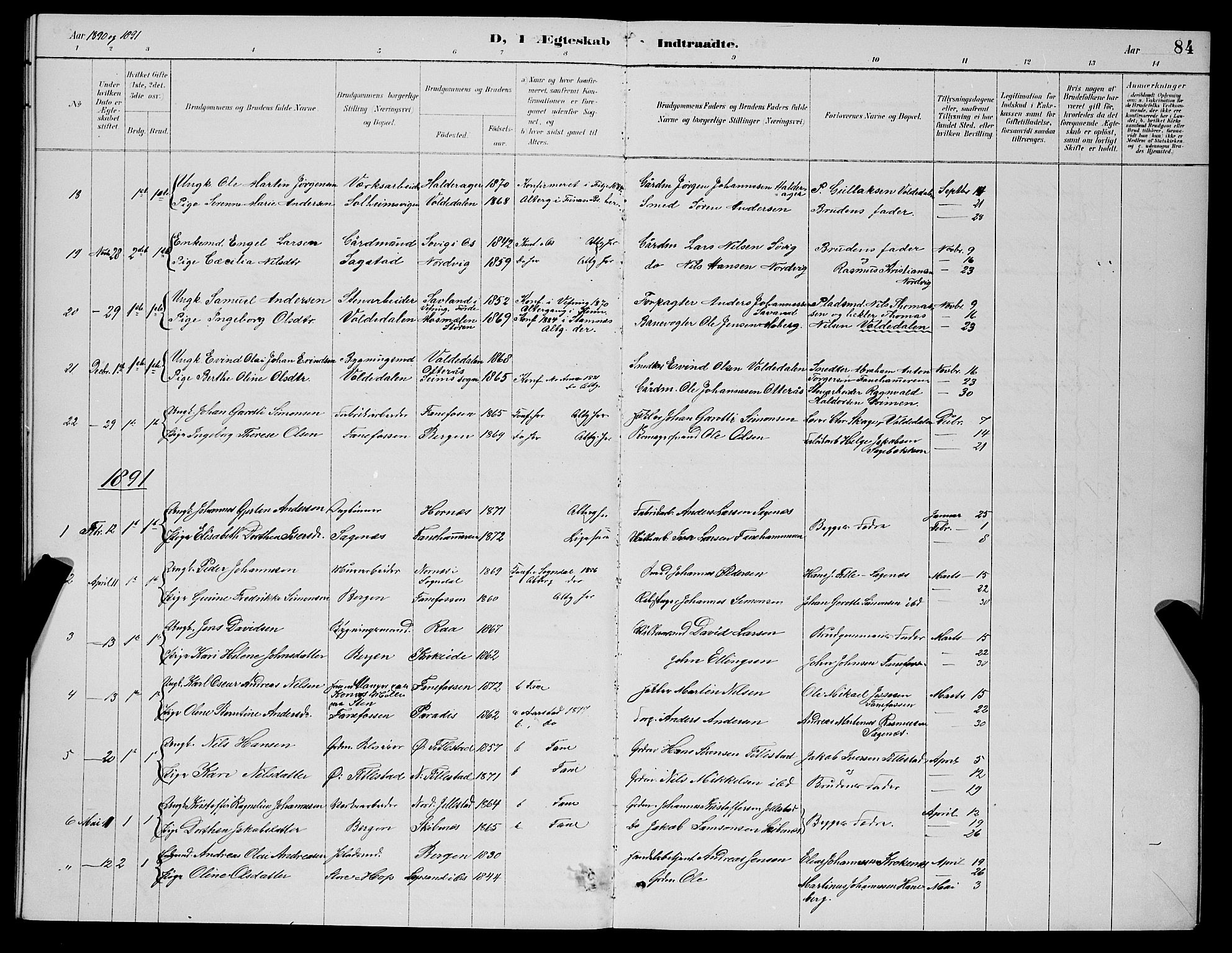 Fana Sokneprestembete, AV/SAB-A-75101/H/Hab/Haba/L0002: Parish register (copy) no. A 2, 1889-1895, p. 84