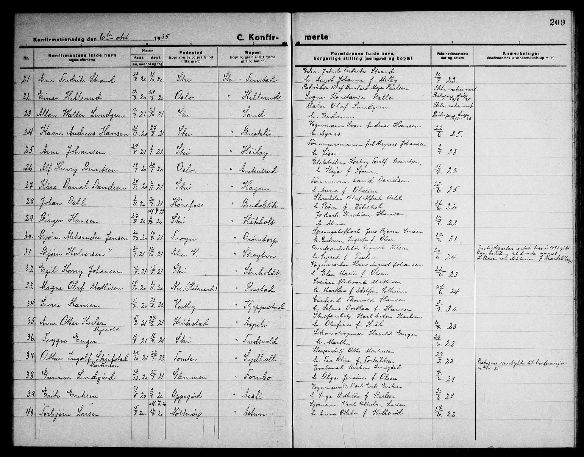 Kråkstad prestekontor Kirkebøker, AV/SAO-A-10125a/G/Gb/L0002: Parish register (copy) no. II 2, 1921-1941, p. 209