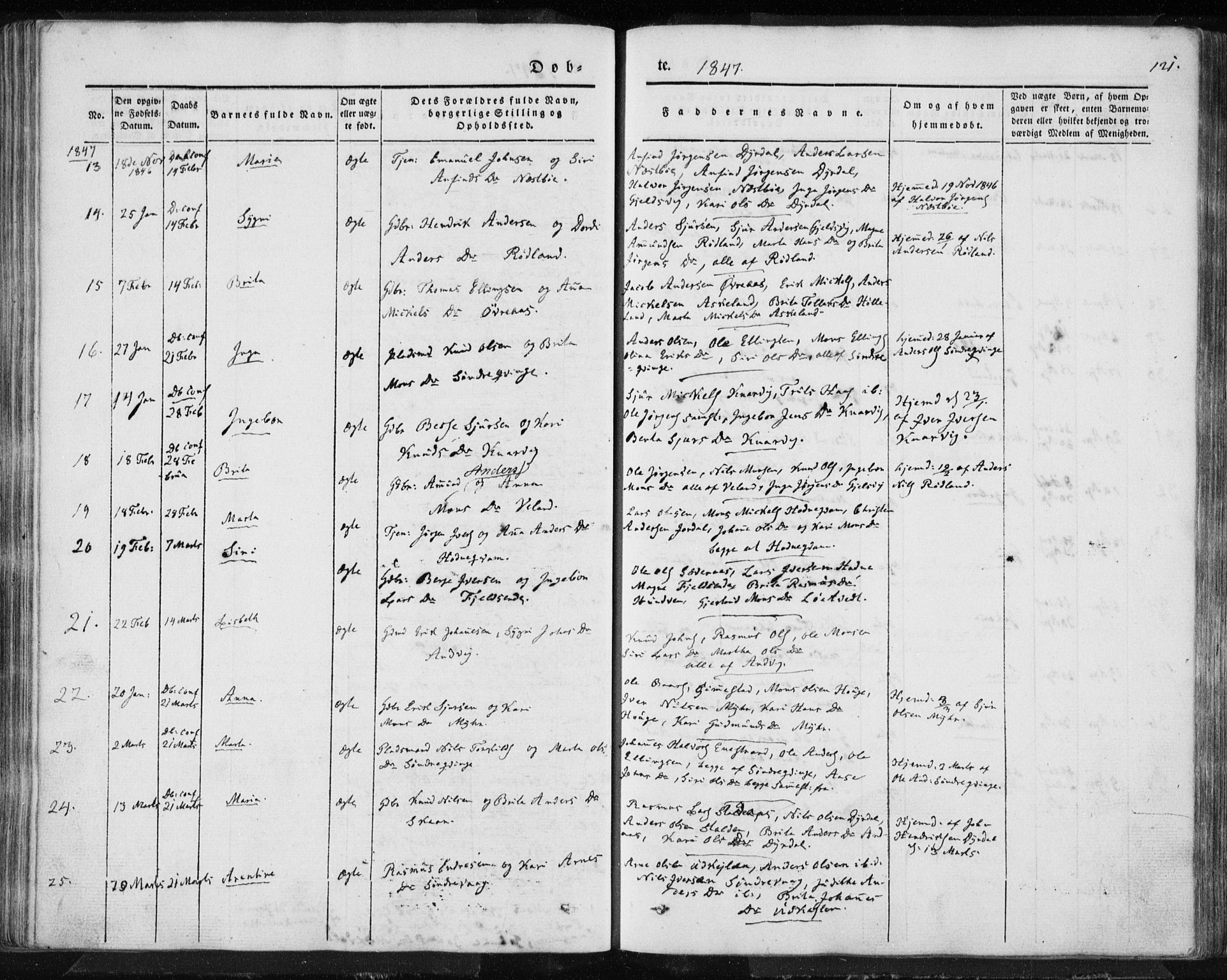 Lindås Sokneprestembete, AV/SAB-A-76701/H/Haa/Haaa/L0010: Parish register (official) no. A 10, 1842-1862, p. 121