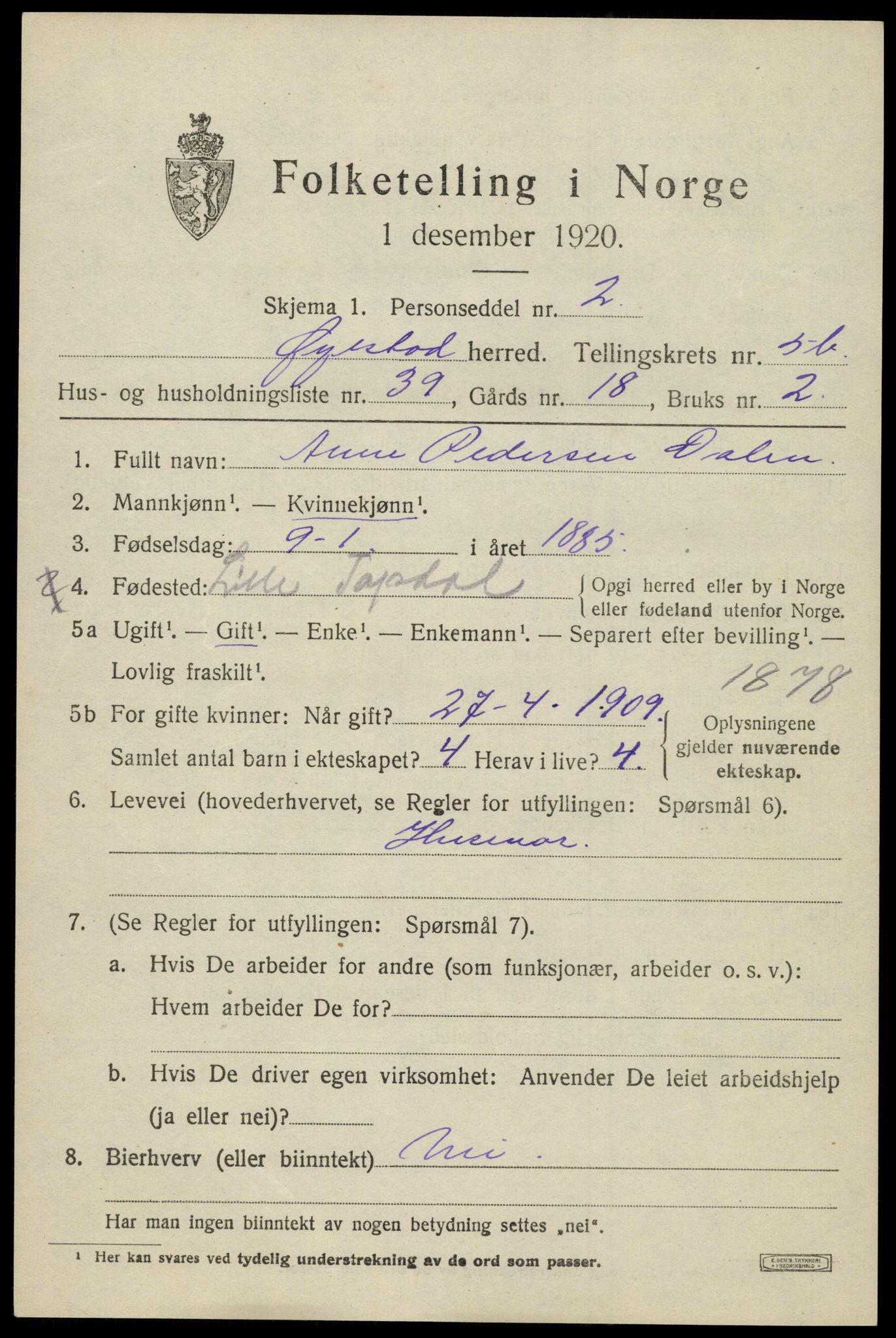 SAK, 1920 census for Øyestad, 1920, p. 4060