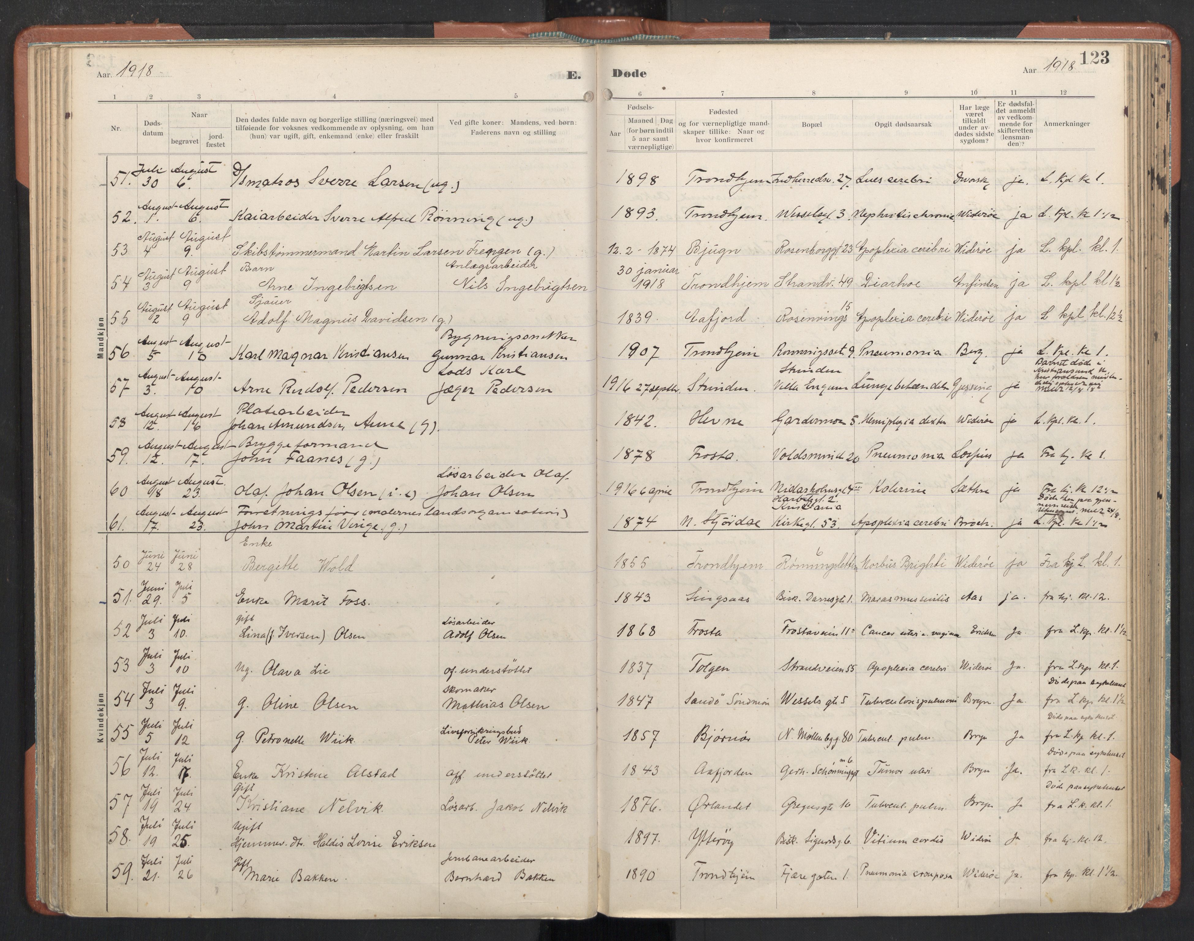 Ministerialprotokoller, klokkerbøker og fødselsregistre - Sør-Trøndelag, AV/SAT-A-1456/605/L0245: Parish register (official) no. 605A07, 1916-1938, p. 123