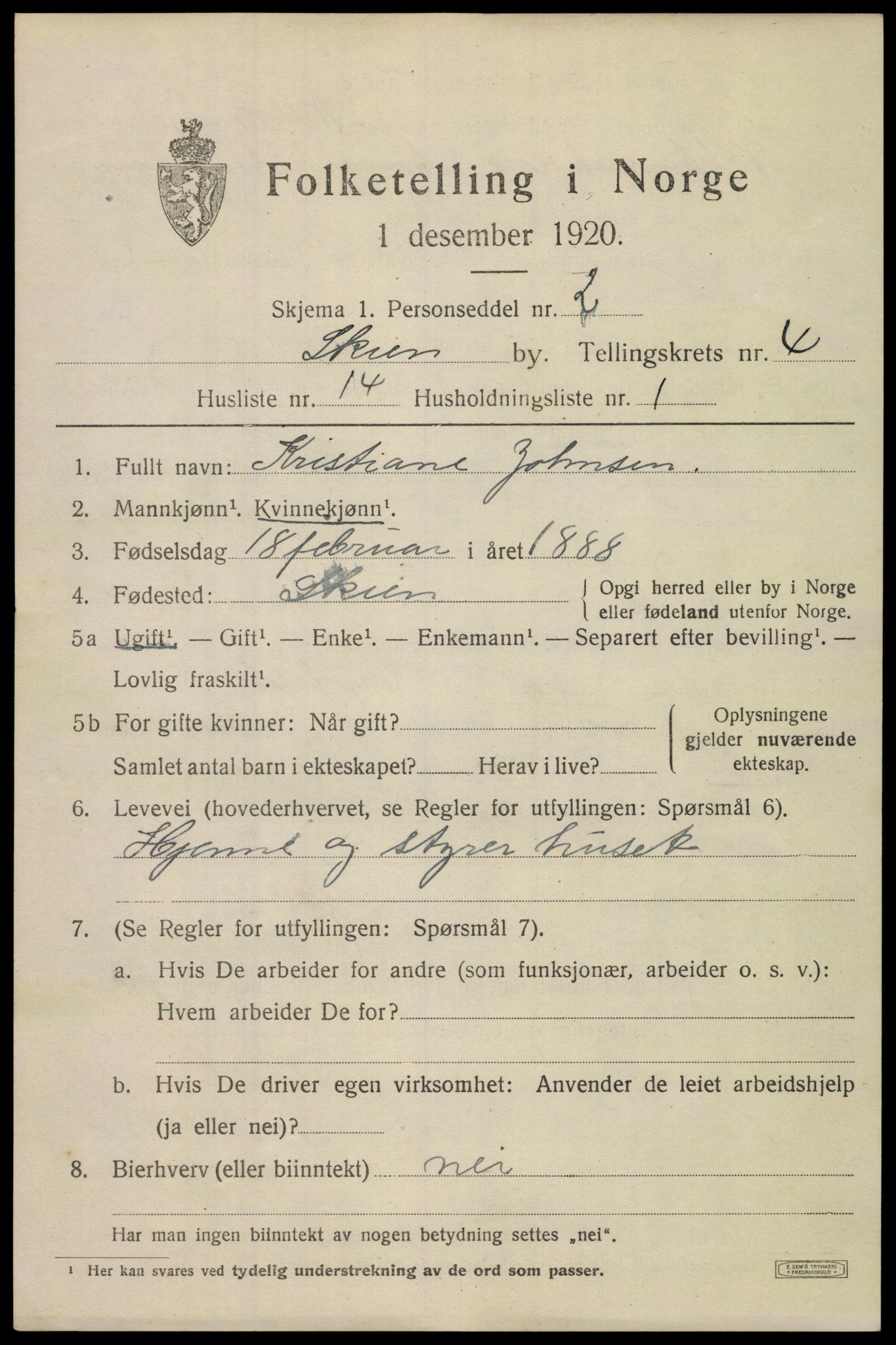 SAKO, 1920 census for Skien, 1920, p. 16856