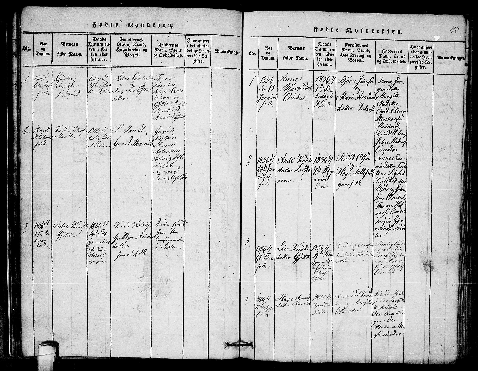 Lårdal kirkebøker, SAKO/A-284/G/Gb/L0001: Parish register (copy) no. II 1, 1815-1865, p. 40