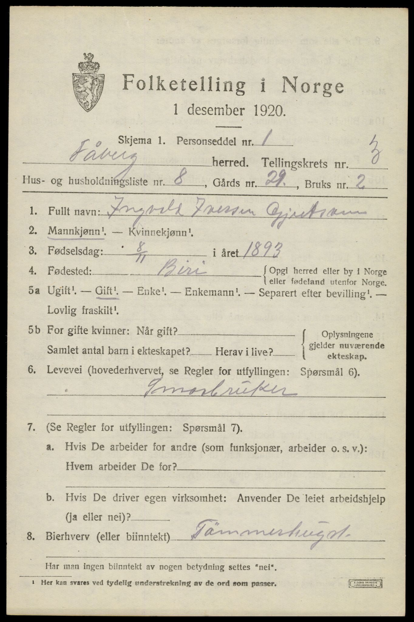 SAH, 1920 census for Fåberg, 1920, p. 3606